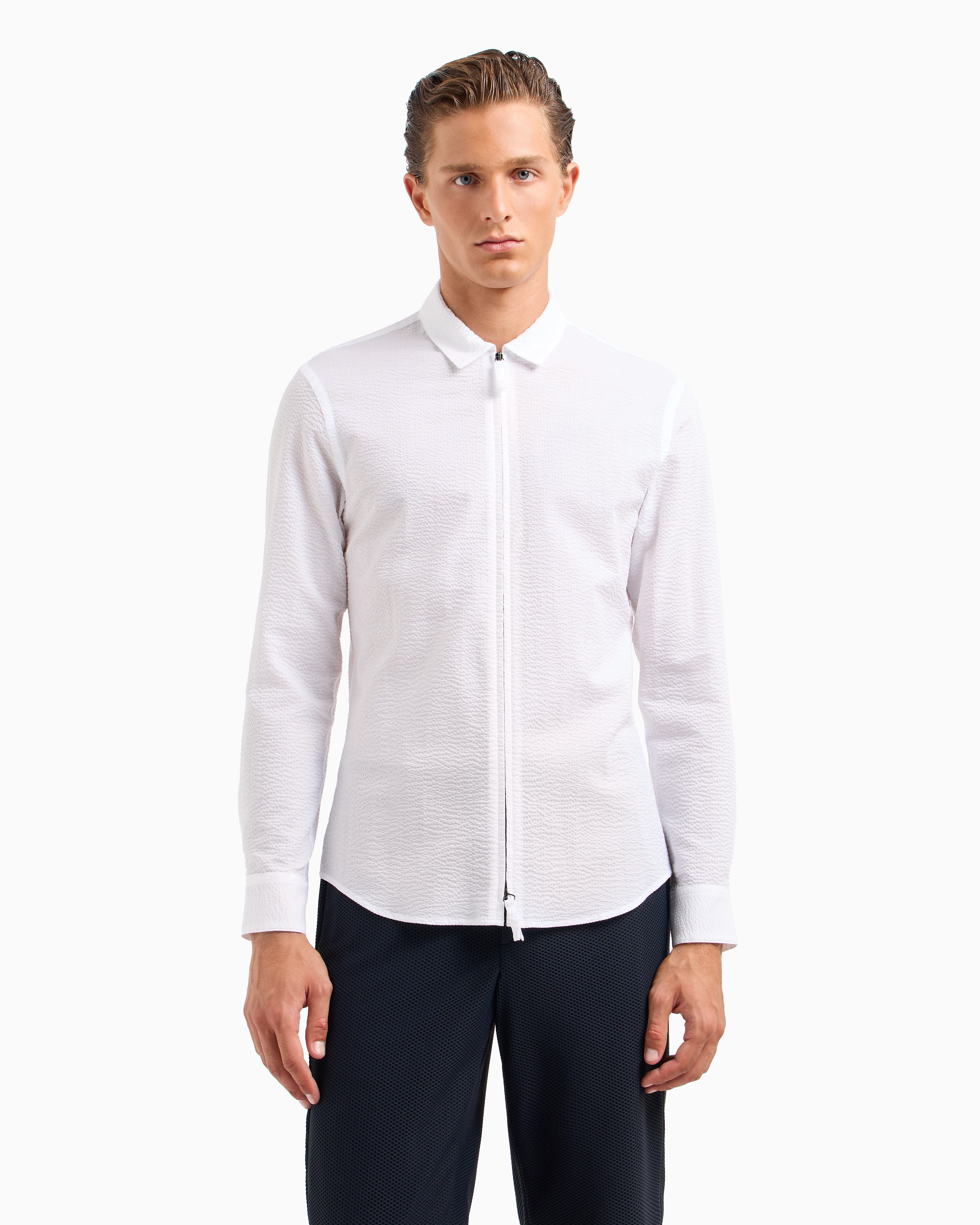 ジップアップ スリムフィットシャツ コットンシアサッカー | Giorgio