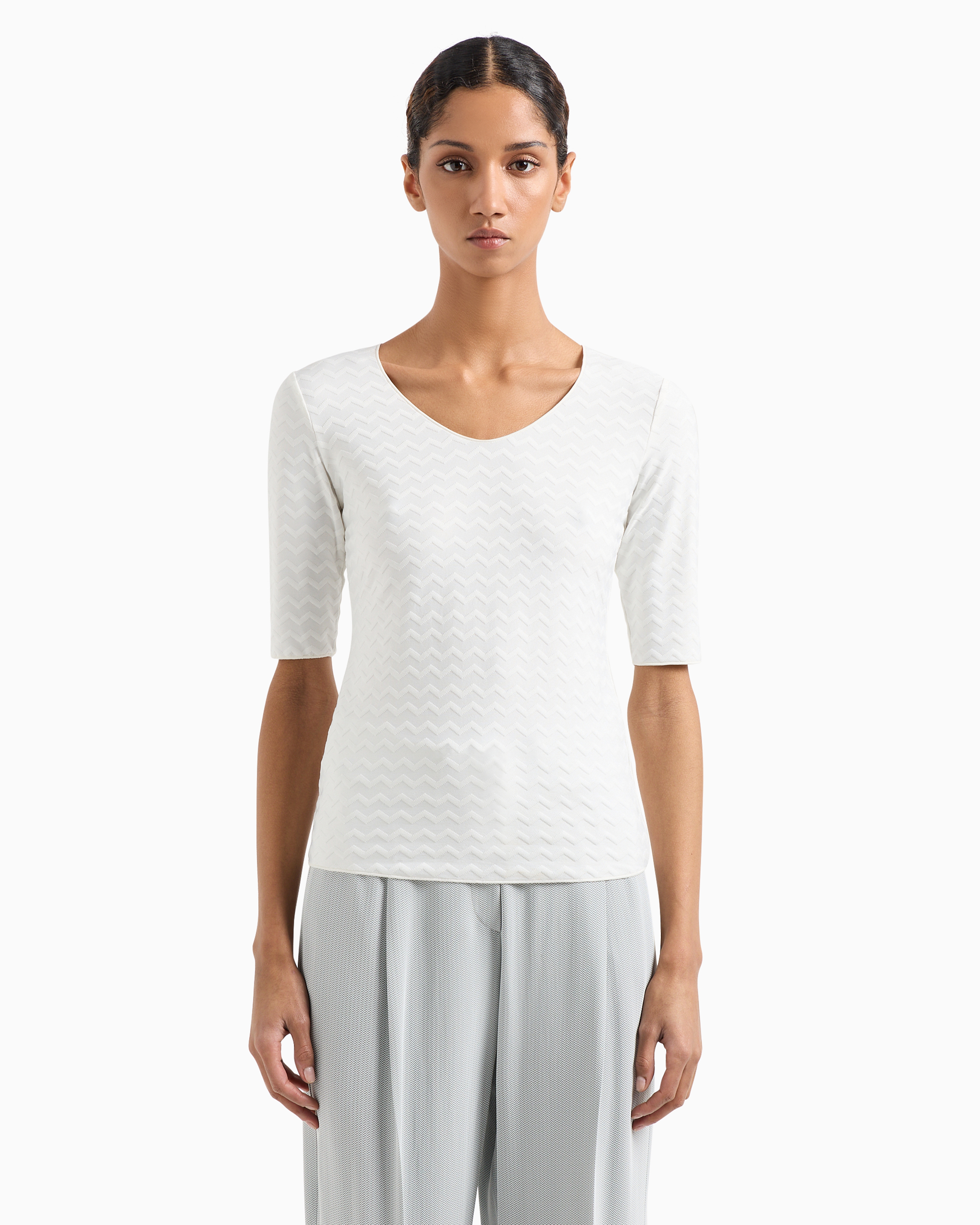 Emporio Armani - Two-way stretch jacquard motif nylon-jersey V-neck jumper, Woman, White, Size: