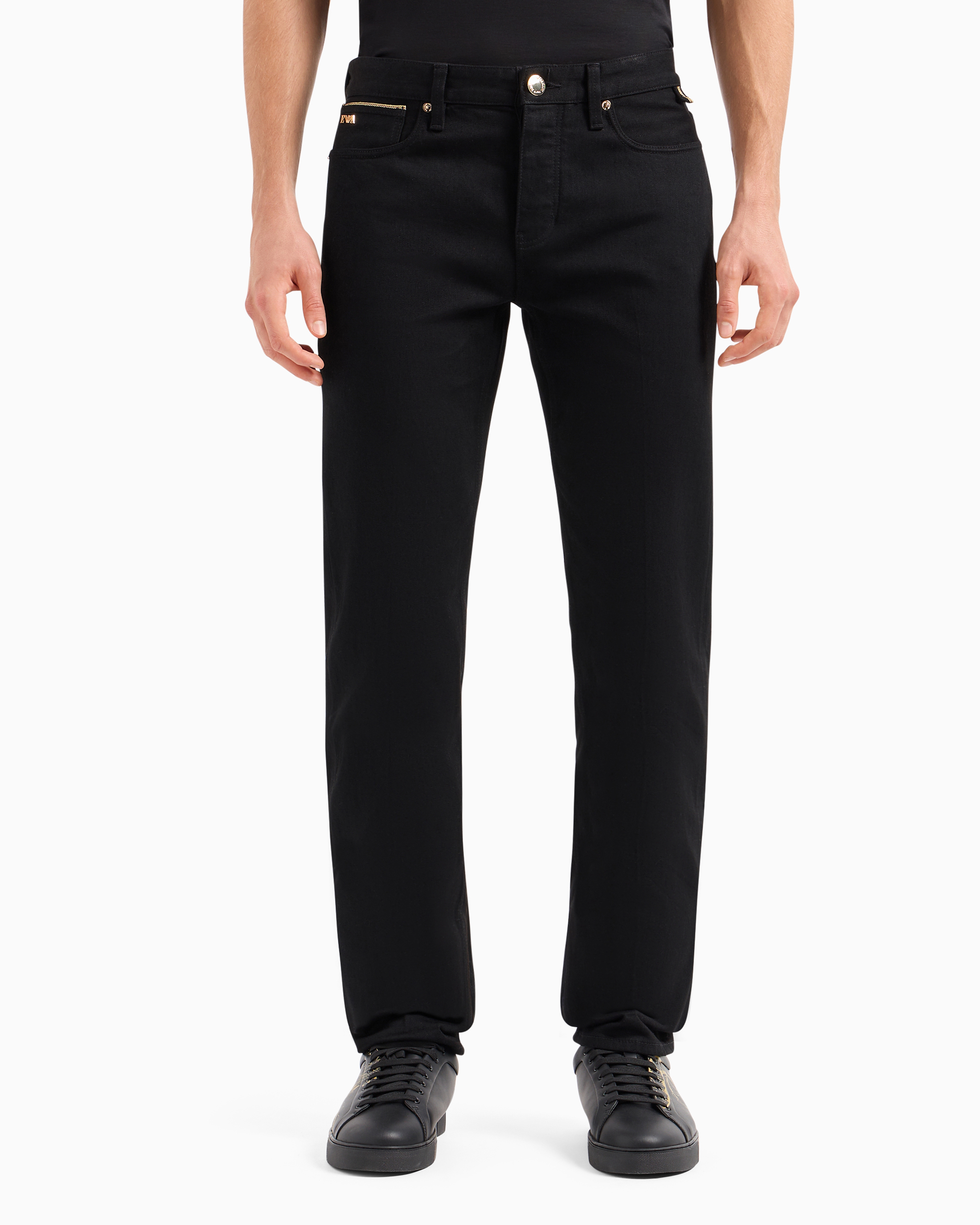 Emporio Armani - J75 Slim-fit stretch denim jeans with gold details, Man, Black, Size: