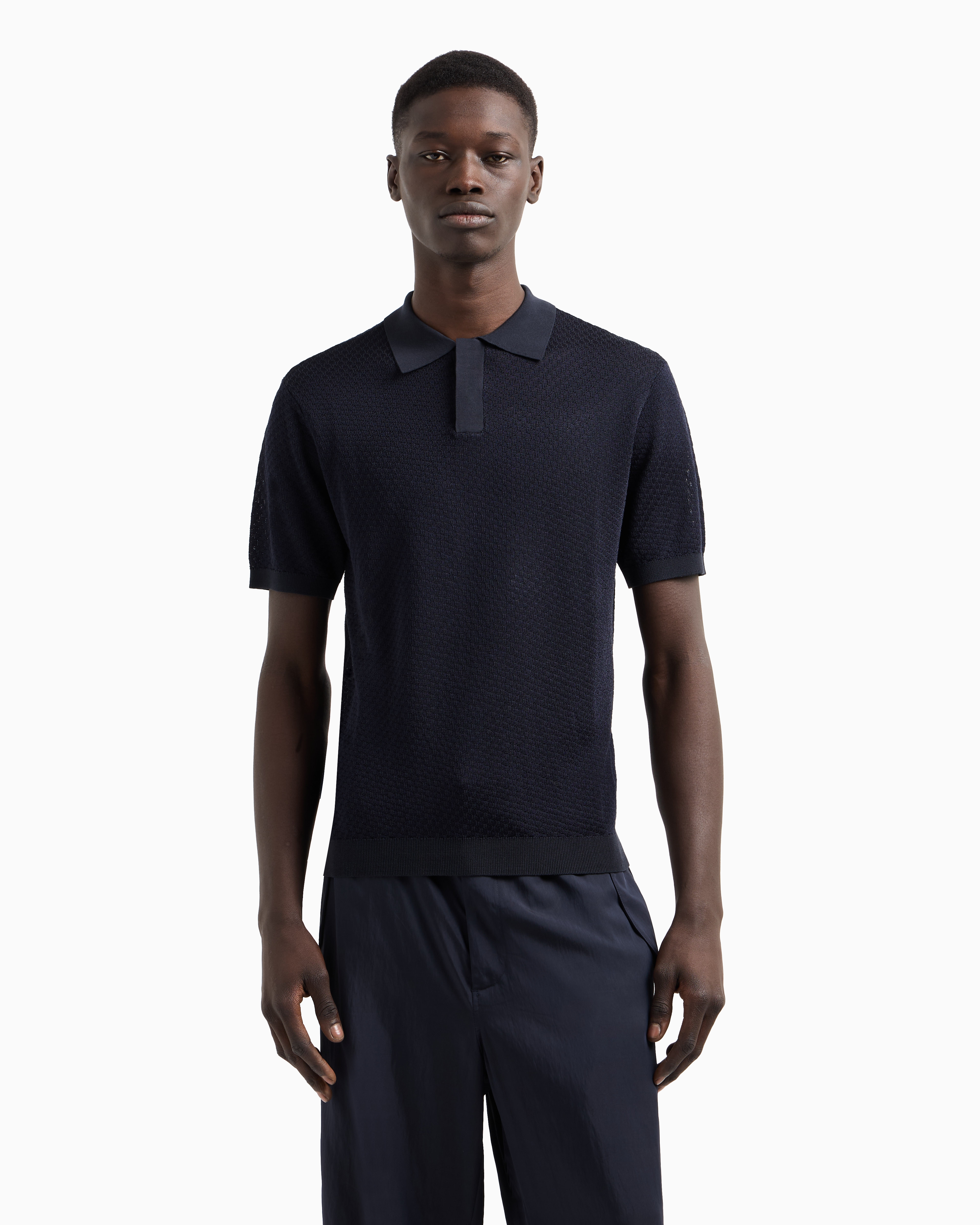 Emporio Armani - Micro-pattern jacquard knit Polo shirt, Man, Blue, Size: