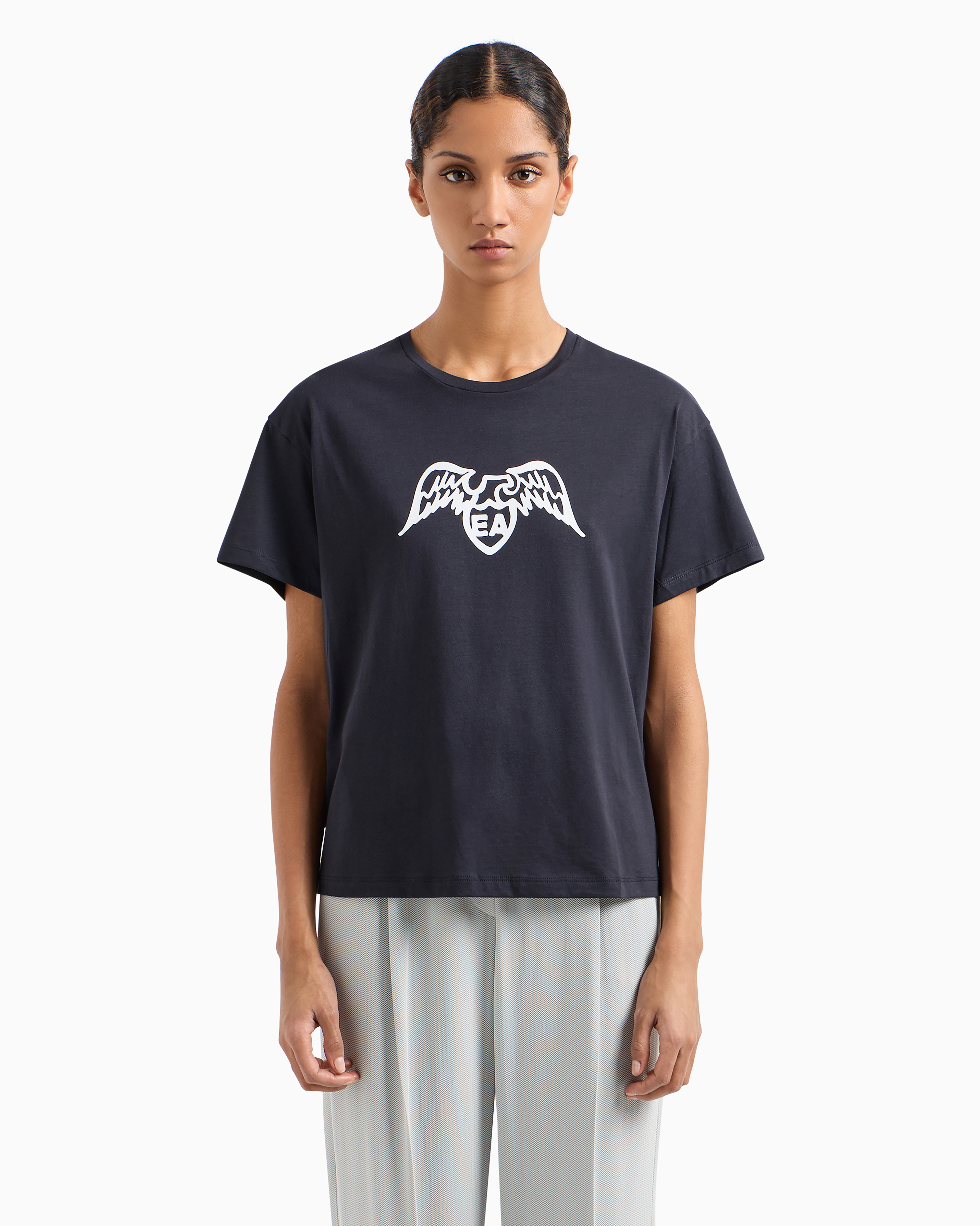 Emporio Armani - Pima T-shirt with eagle logo, Woman, Navy Blue, Size: