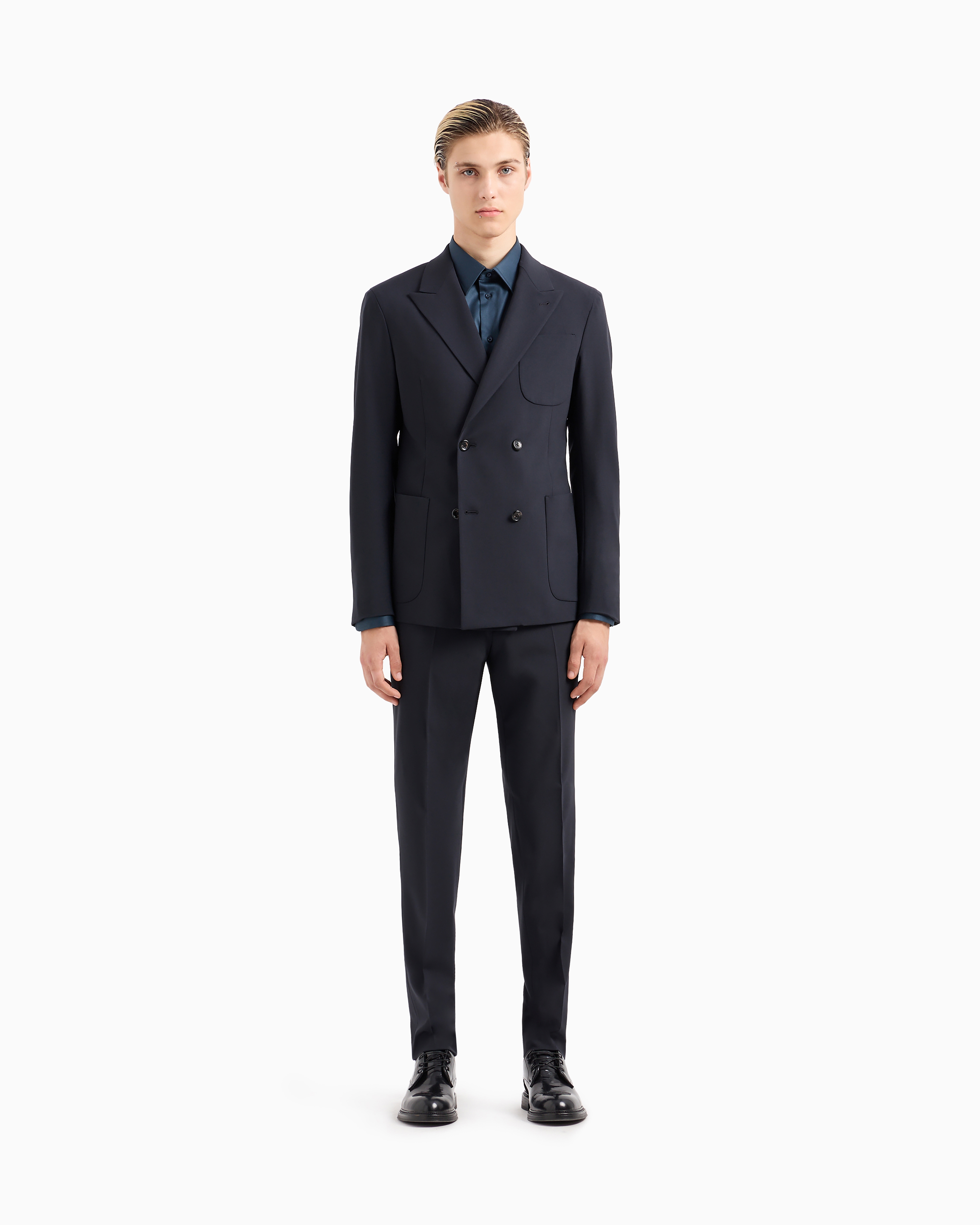 Emporio Armani - Double-breasted virgin-wool two-way stretch canvas suit, Man, Navy Blue, Size: