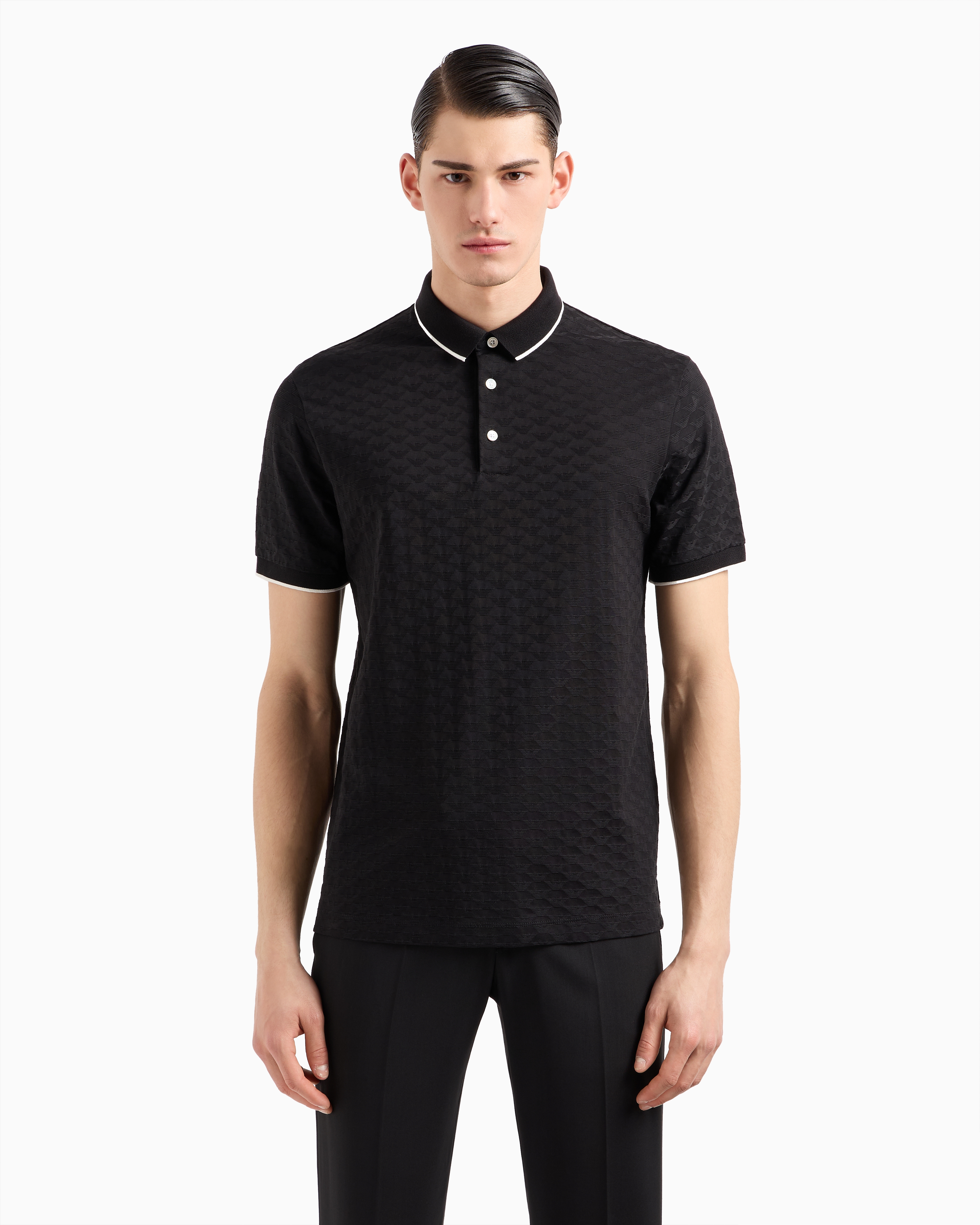 Emporio Armani - Mercerised jersey polo shirt with all-over jacquard eagle, Man, Black, Size: