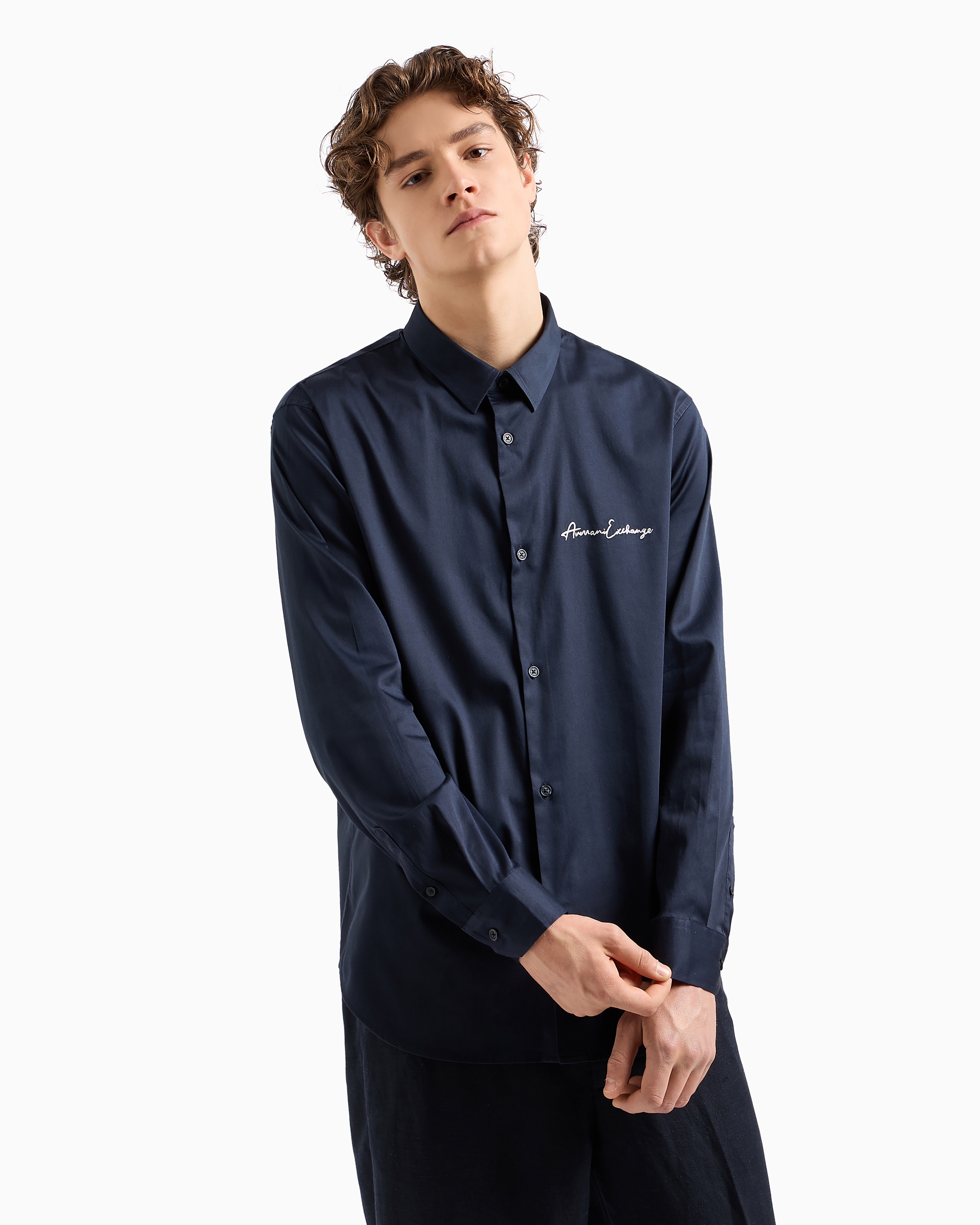 Armani Exchange - Regular fit shirt in stretch satin cotton, Man, Navy Blue, Size: XS