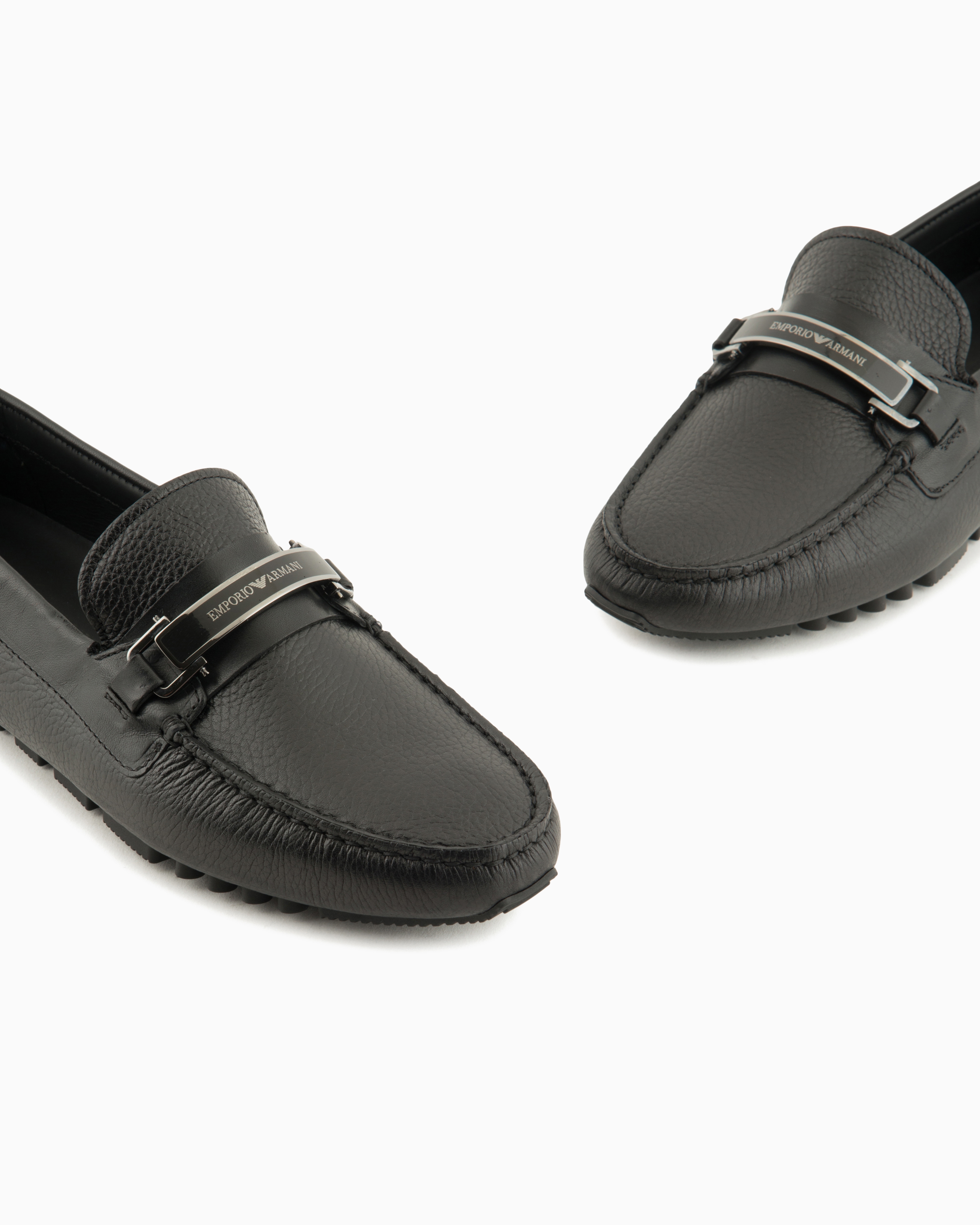 Emporio Armani - Pebbled leather driving loafers with stirrup bar, Man, Black, Size: