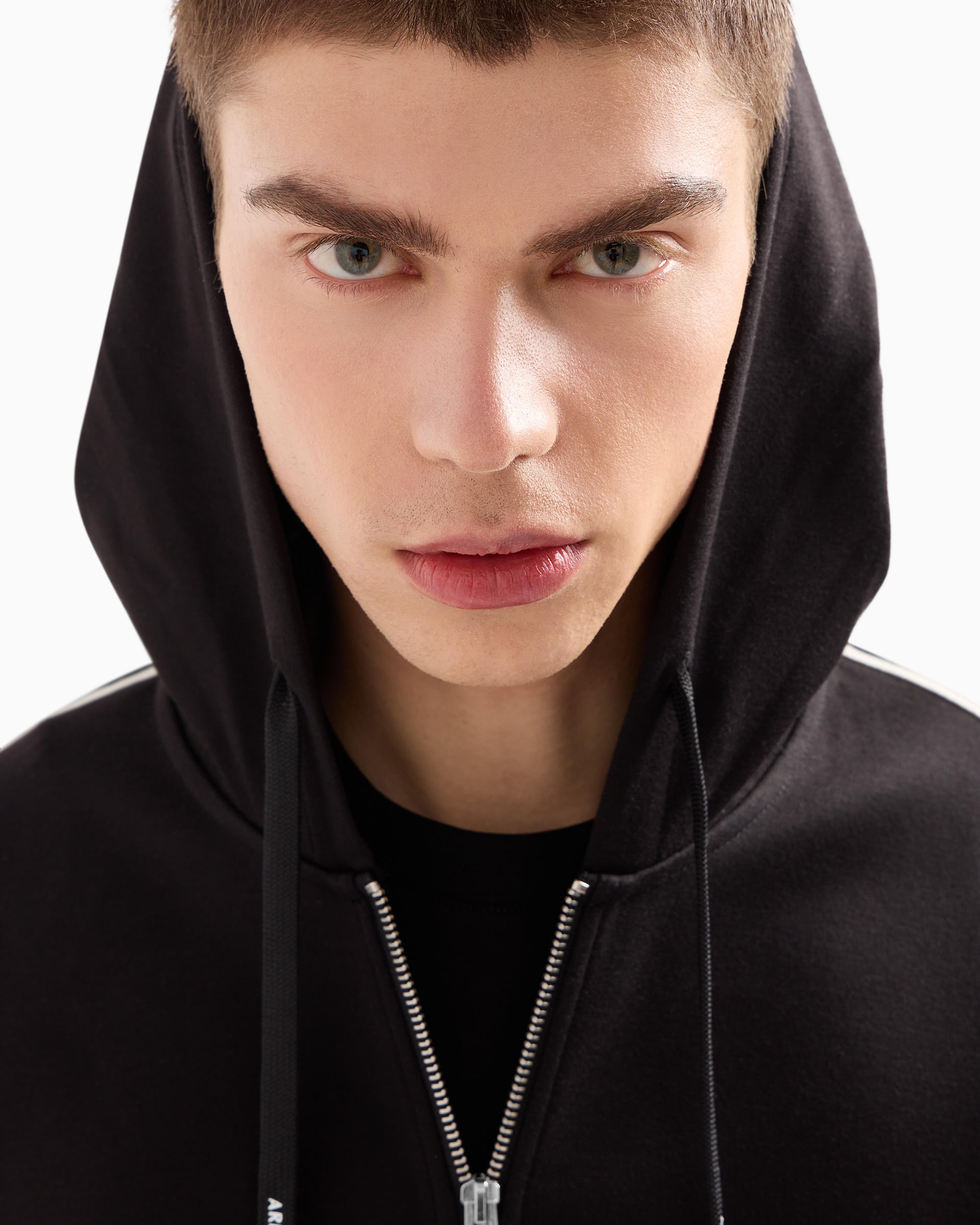 Full zip sweatshirt in bonded cotton with bands on the