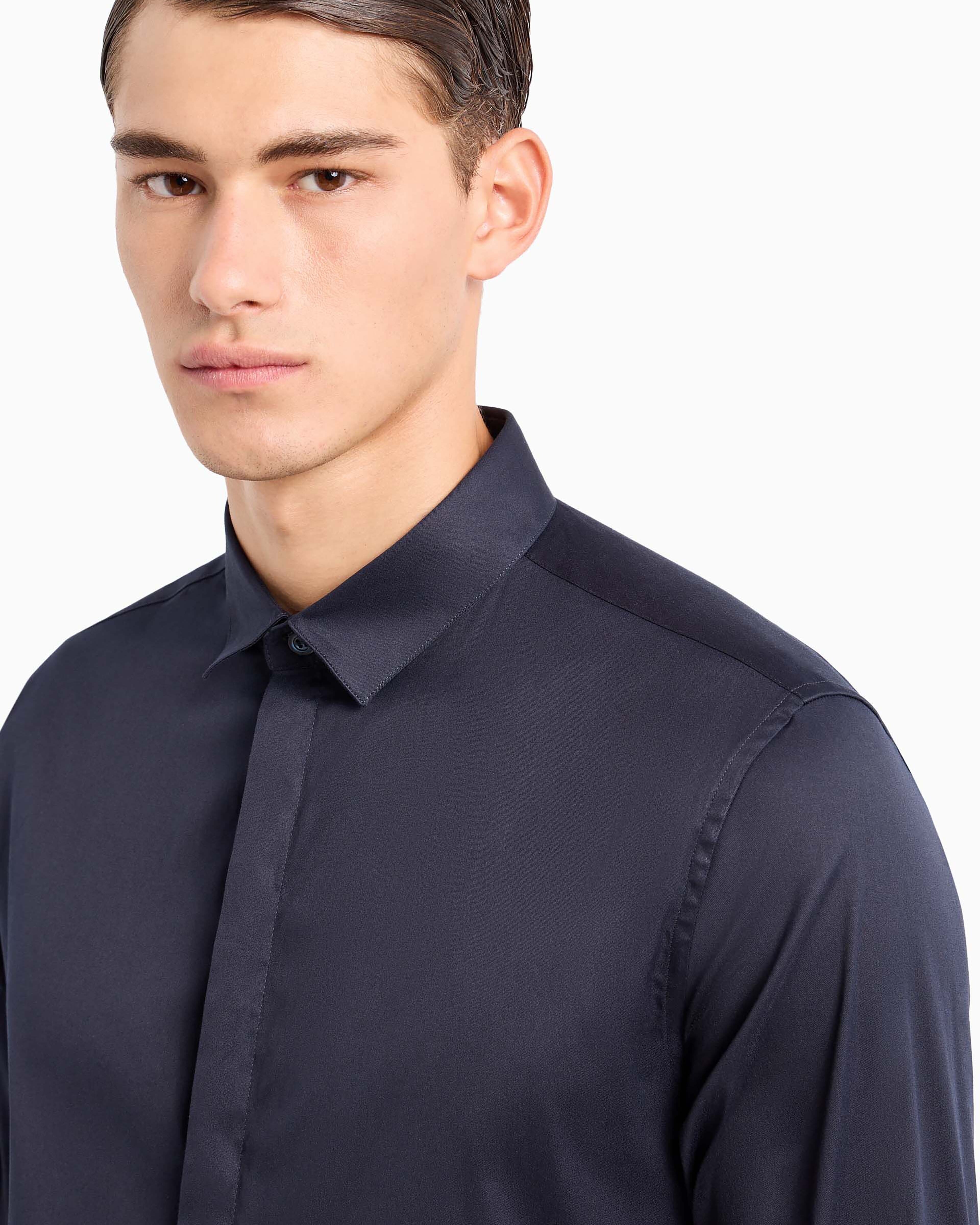 Emporio Armani - Lightweight comfortable satin slim-fit shirt, Man, Navy Blue, Size: