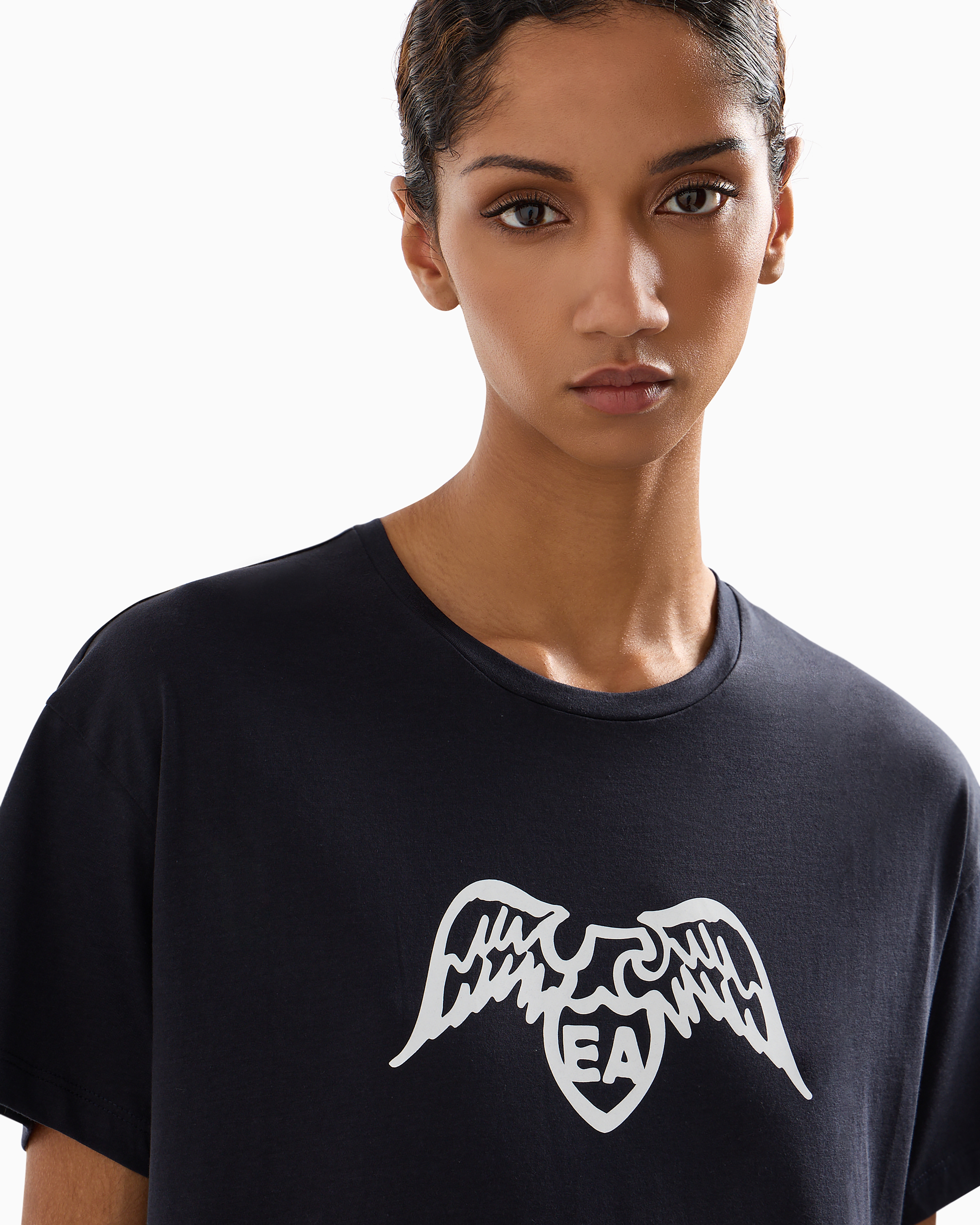 Emporio Armani - Pima T-shirt with eagle logo, Woman, Navy Blue, Size: