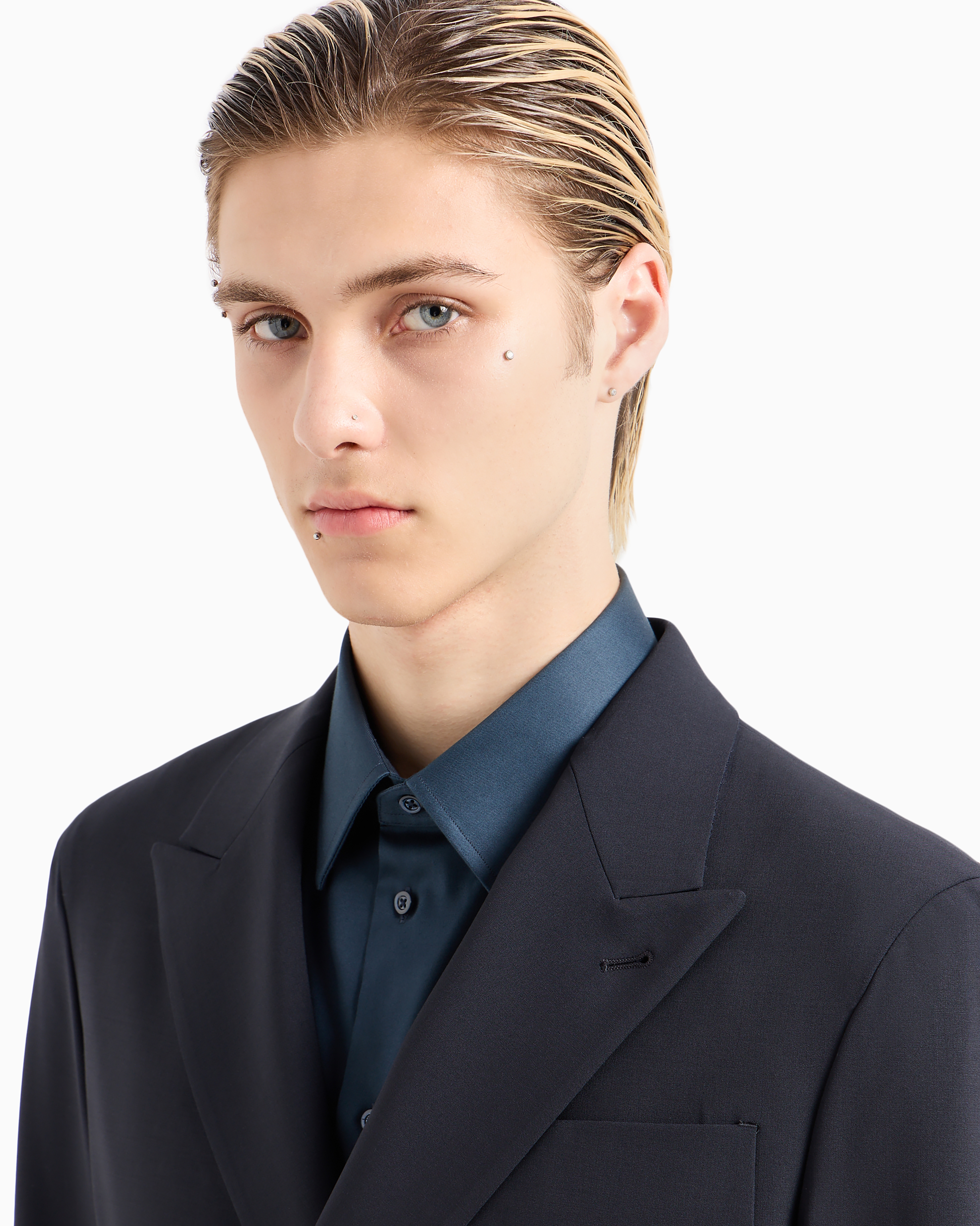 Emporio Armani - Double-breasted virgin-wool two-way stretch canvas suit, Man, Navy Blue, Size: