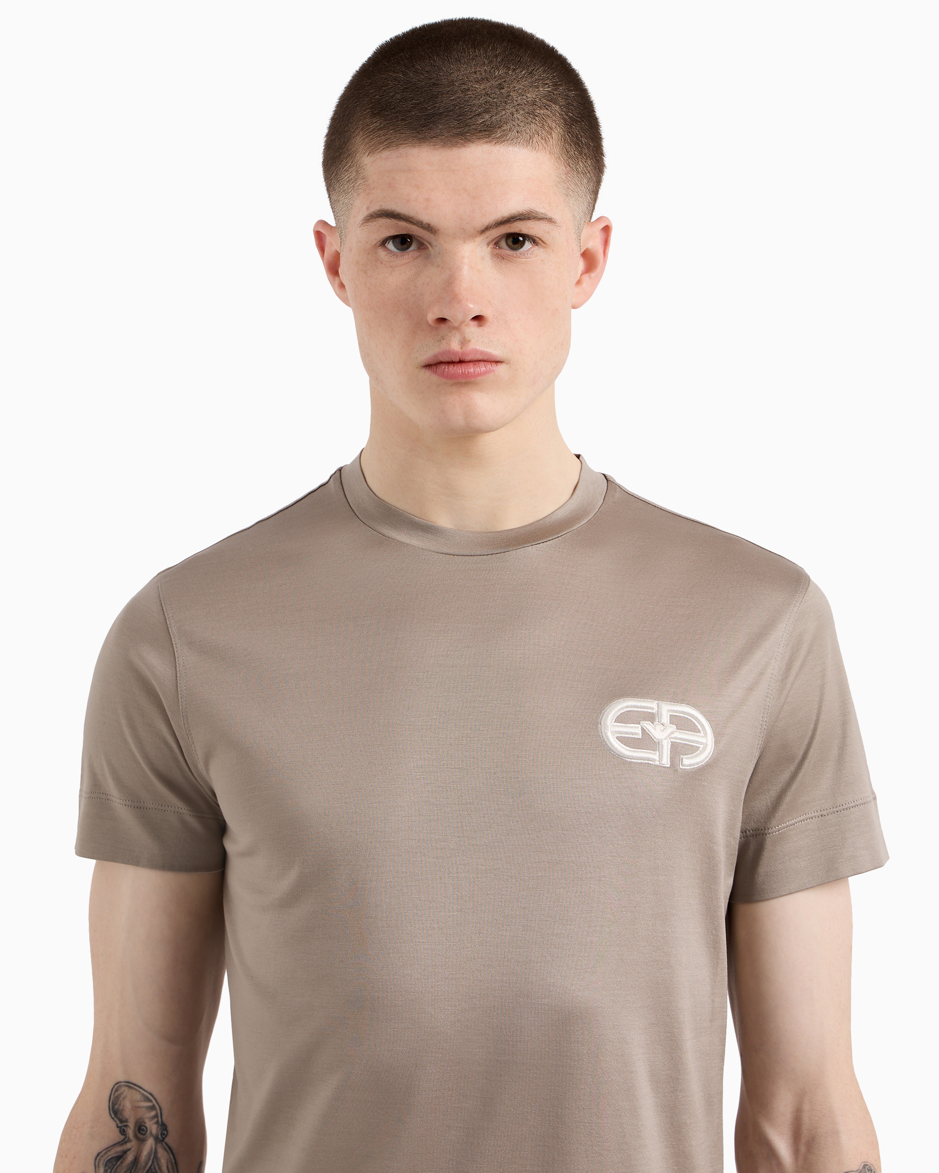 Emporio Armani -  Lyocell-blend jersey T-shirt with embossed EA logo embroidery, Man, Beige, Size: