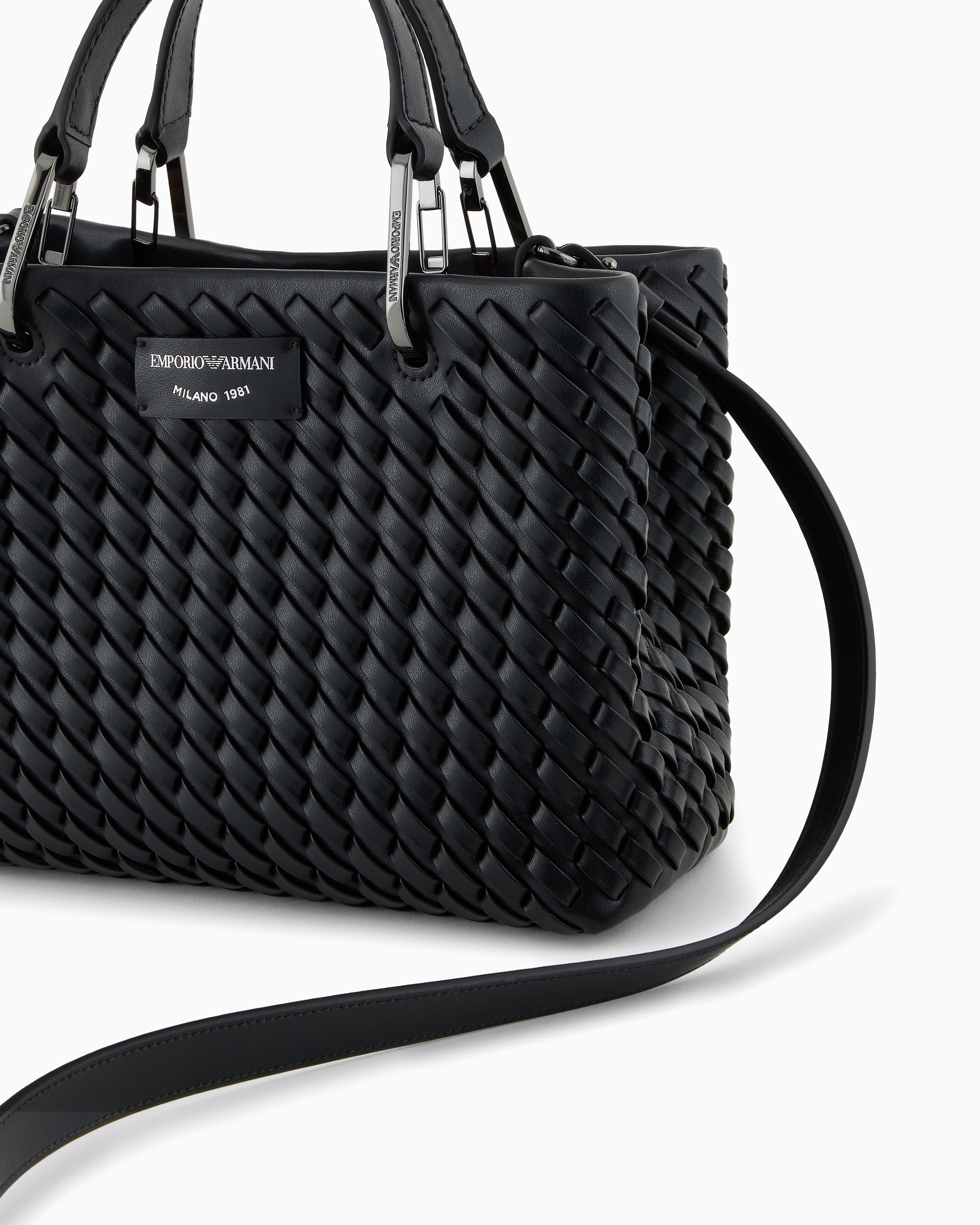 Emporio Armani - MyEA small shopper bag in interwoven leather, Woman, Black, Size: TU