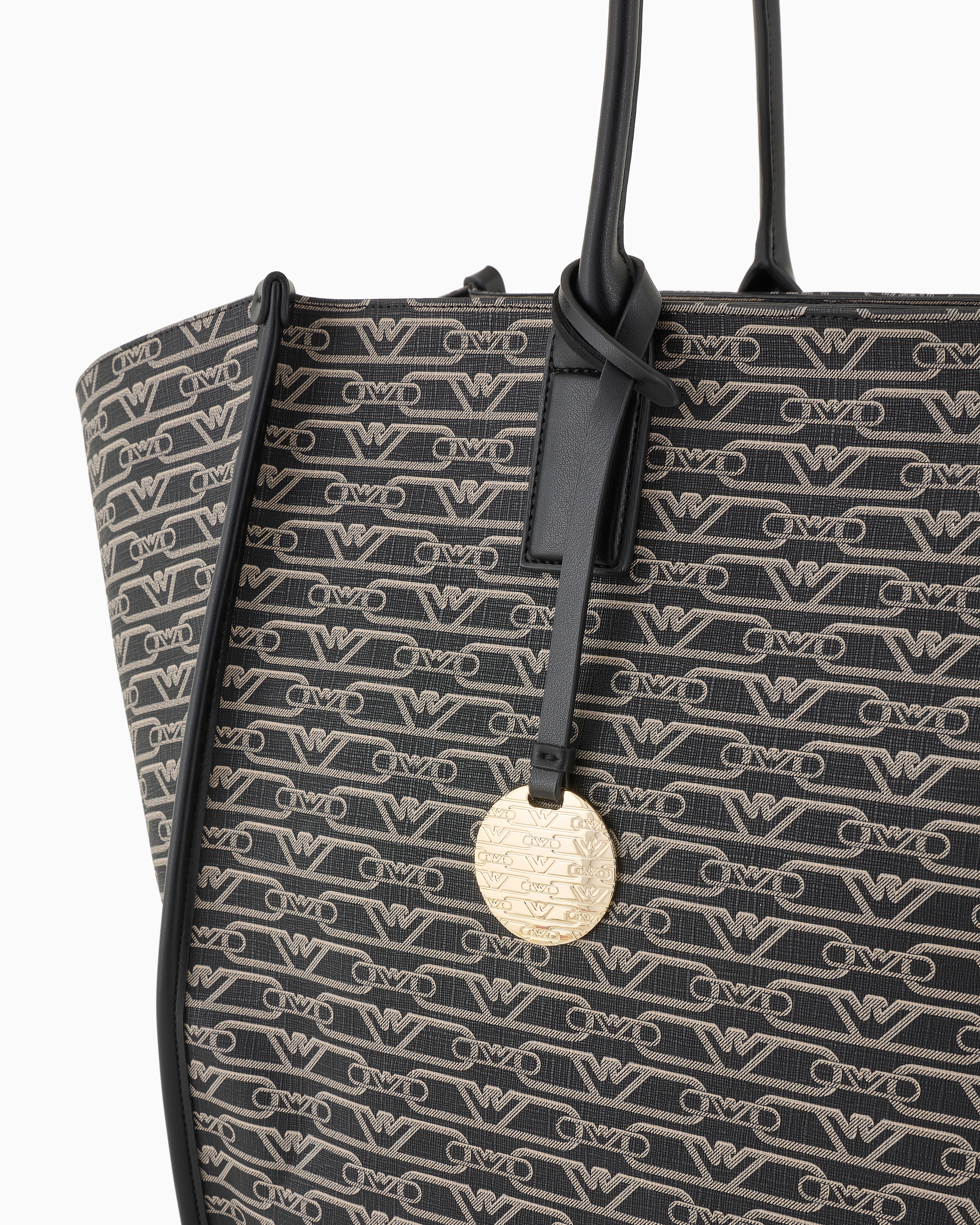 Emporio Armani - Oversized shopper bag with all-over monogram print, Woman, Black, Size: TU