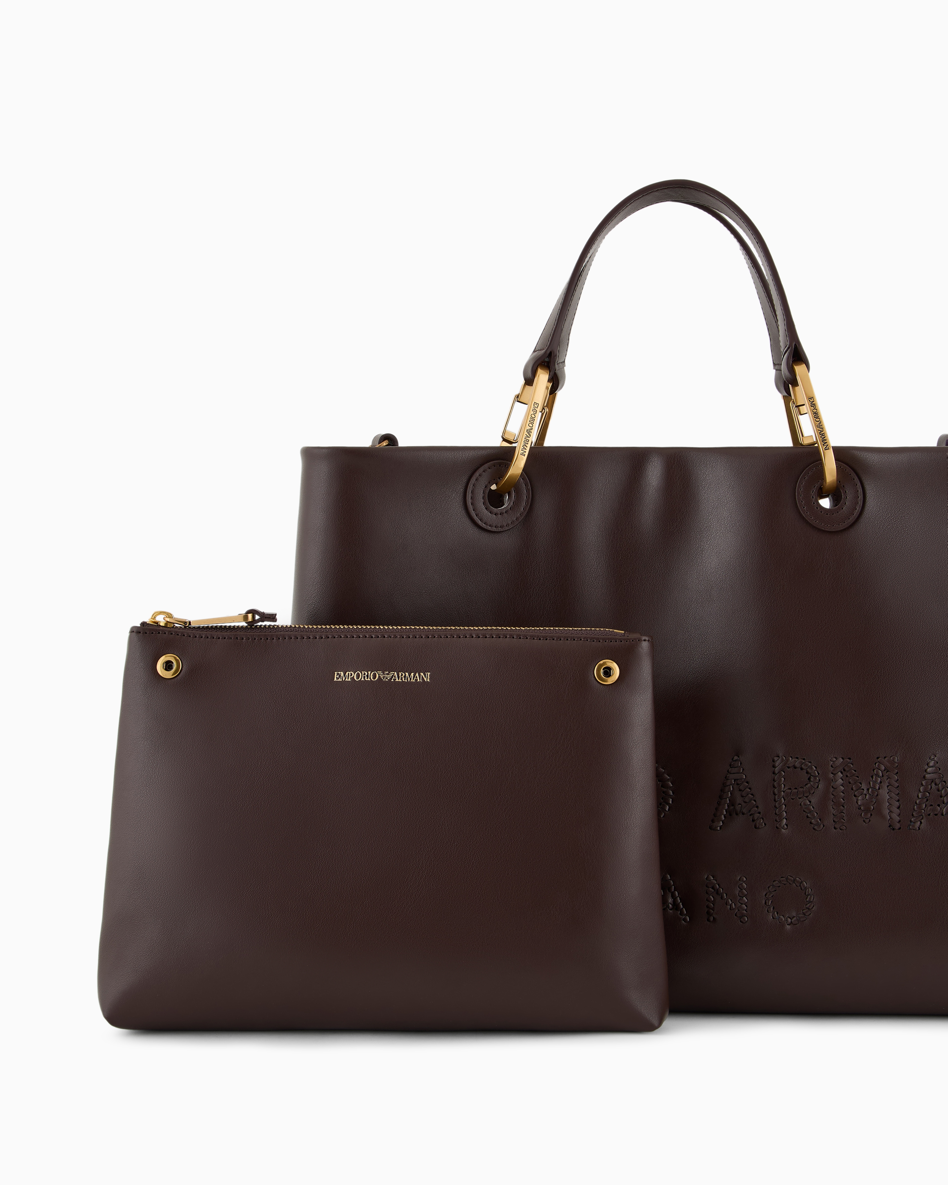 Emporio Armani - MyEA shopper bag in interwoven logo leather, Woman, Brown, Size: TU