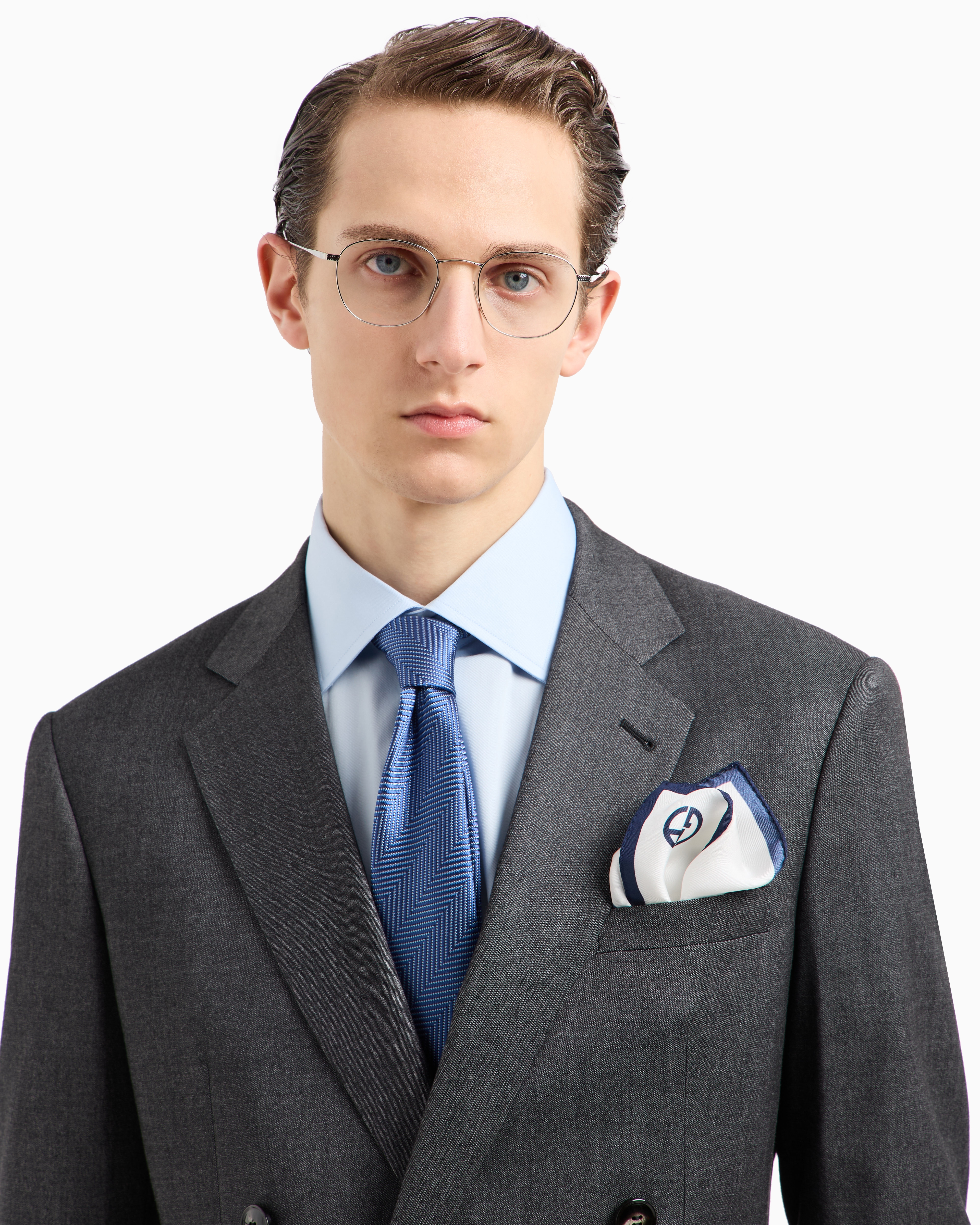 GIORGIO ARMANI コットン×シルク ジャケット 2XL ロゴ Giorgio Armani Le Collezioni Charcoal Gray Wool Mandarin