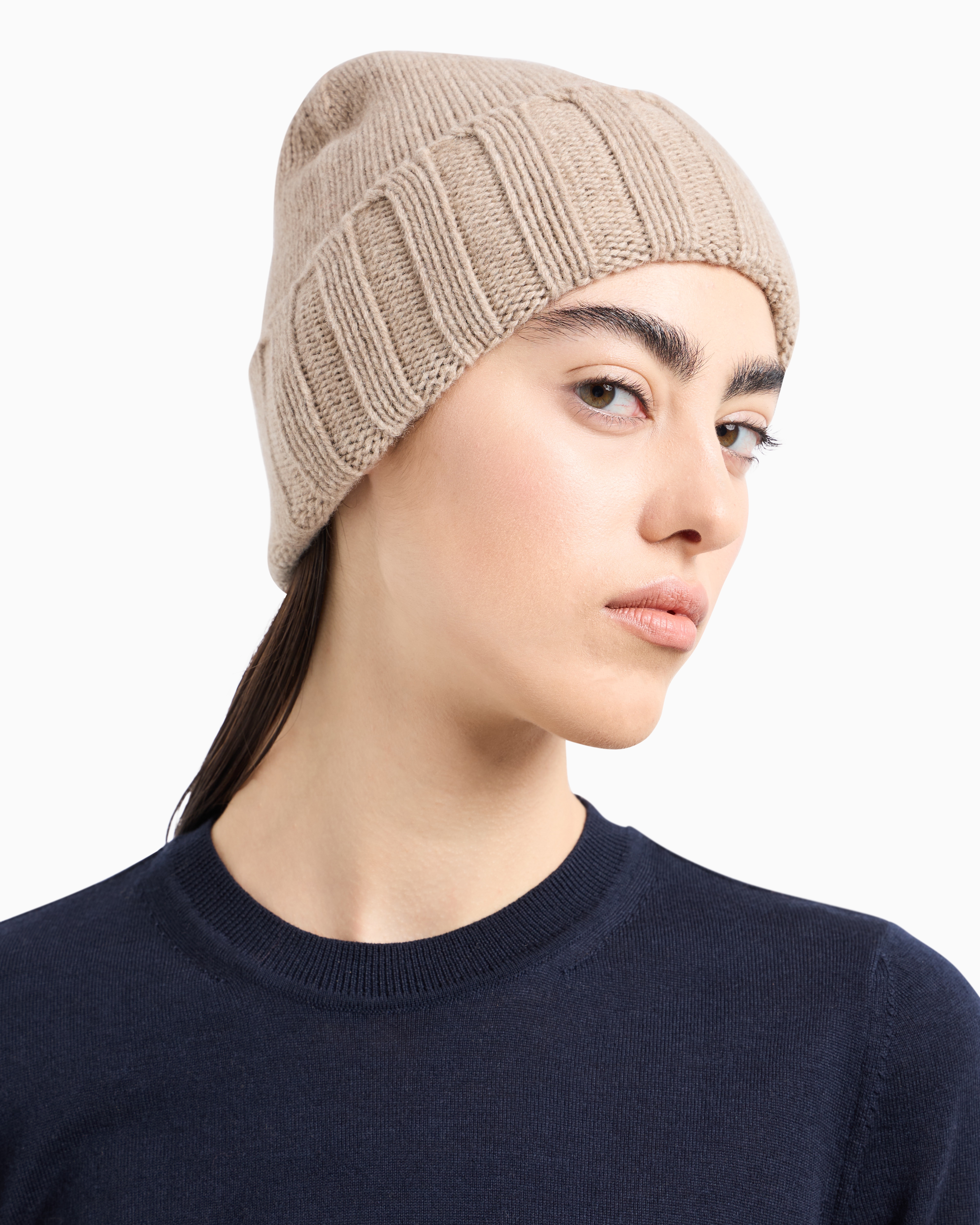 Emporio Armani - Ribbed cashmere beanie, Woman, Beige, Size: