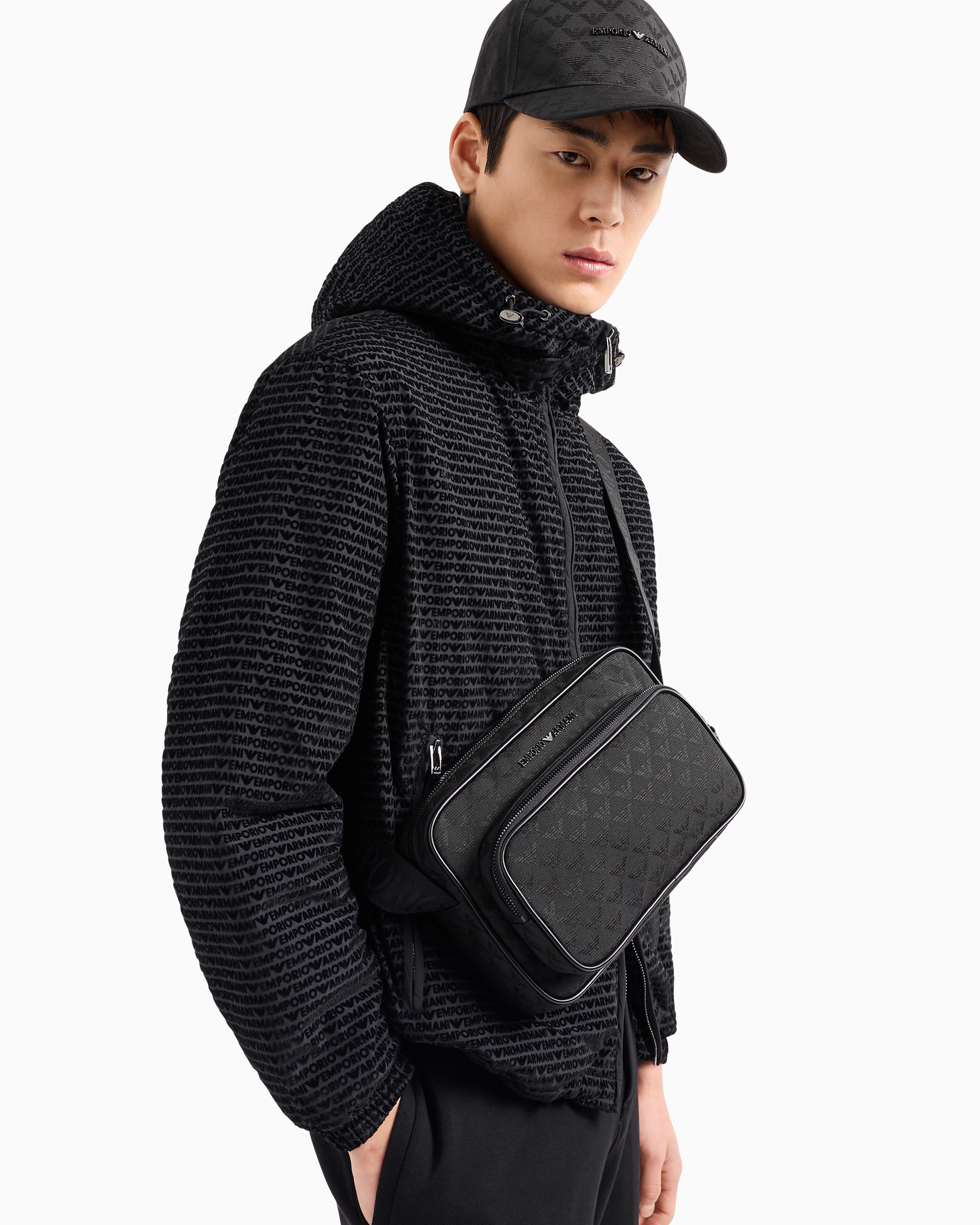 Emporio Armani - Nylon shoulder bag with all-over jacquard eagle, Man, Black, Size: TU