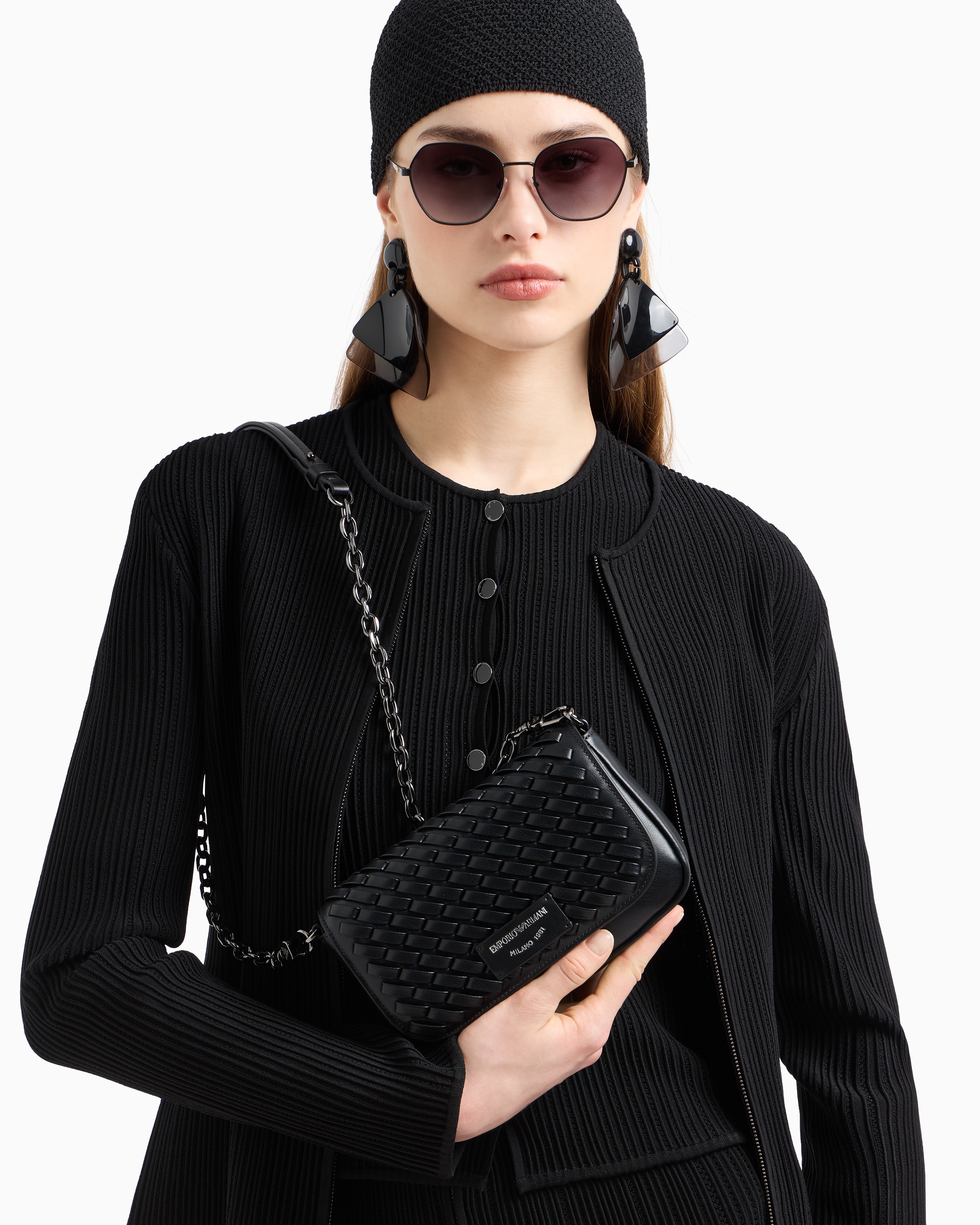 Emporio Armani - Mini bag in interwoven leather with chain shoulder strap, Woman, Black, Size: TU