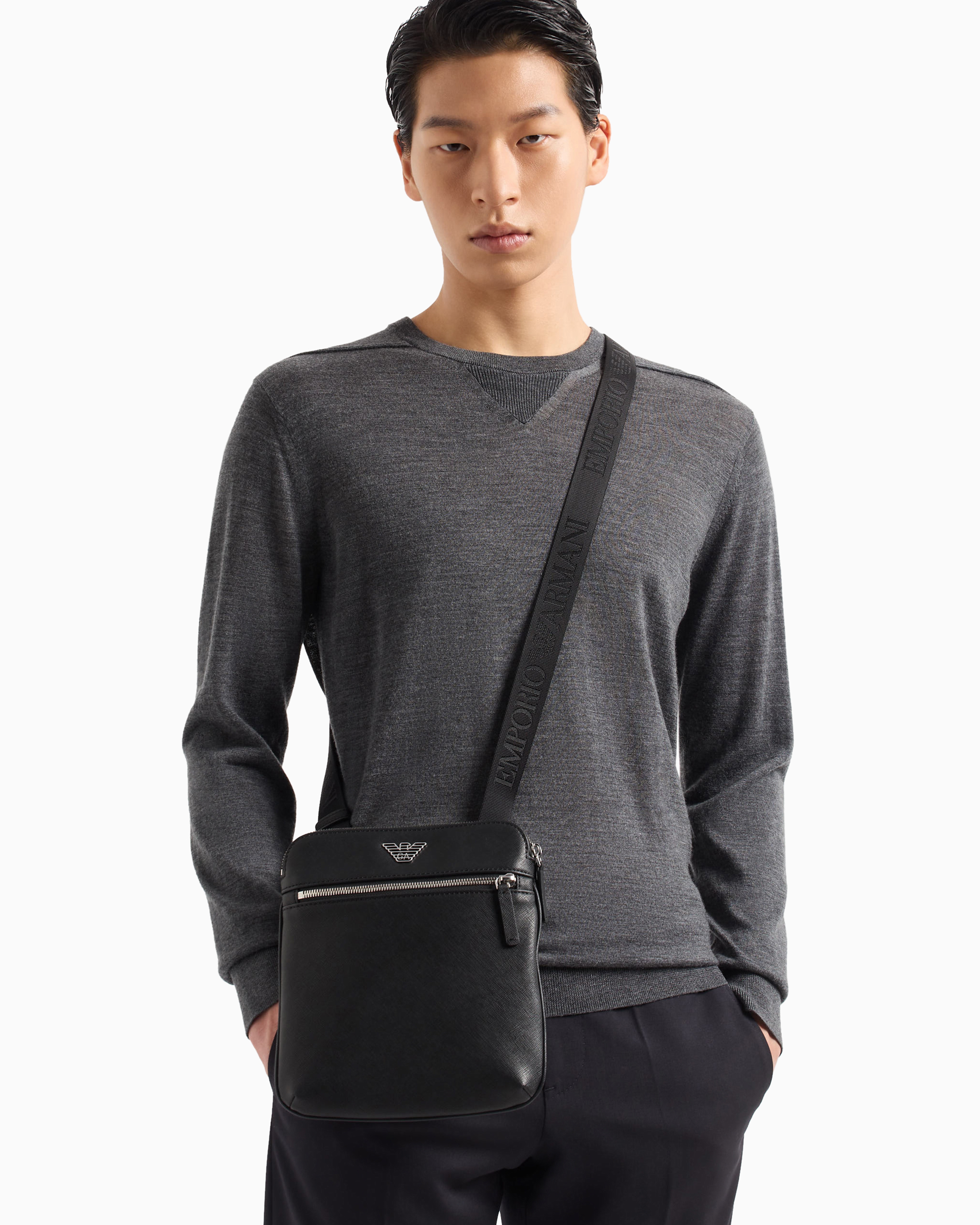 Emporio Armani - ASV regenerated Saffiano leather flat shoulder bag with eagle plate, Man, Black, Size: TU