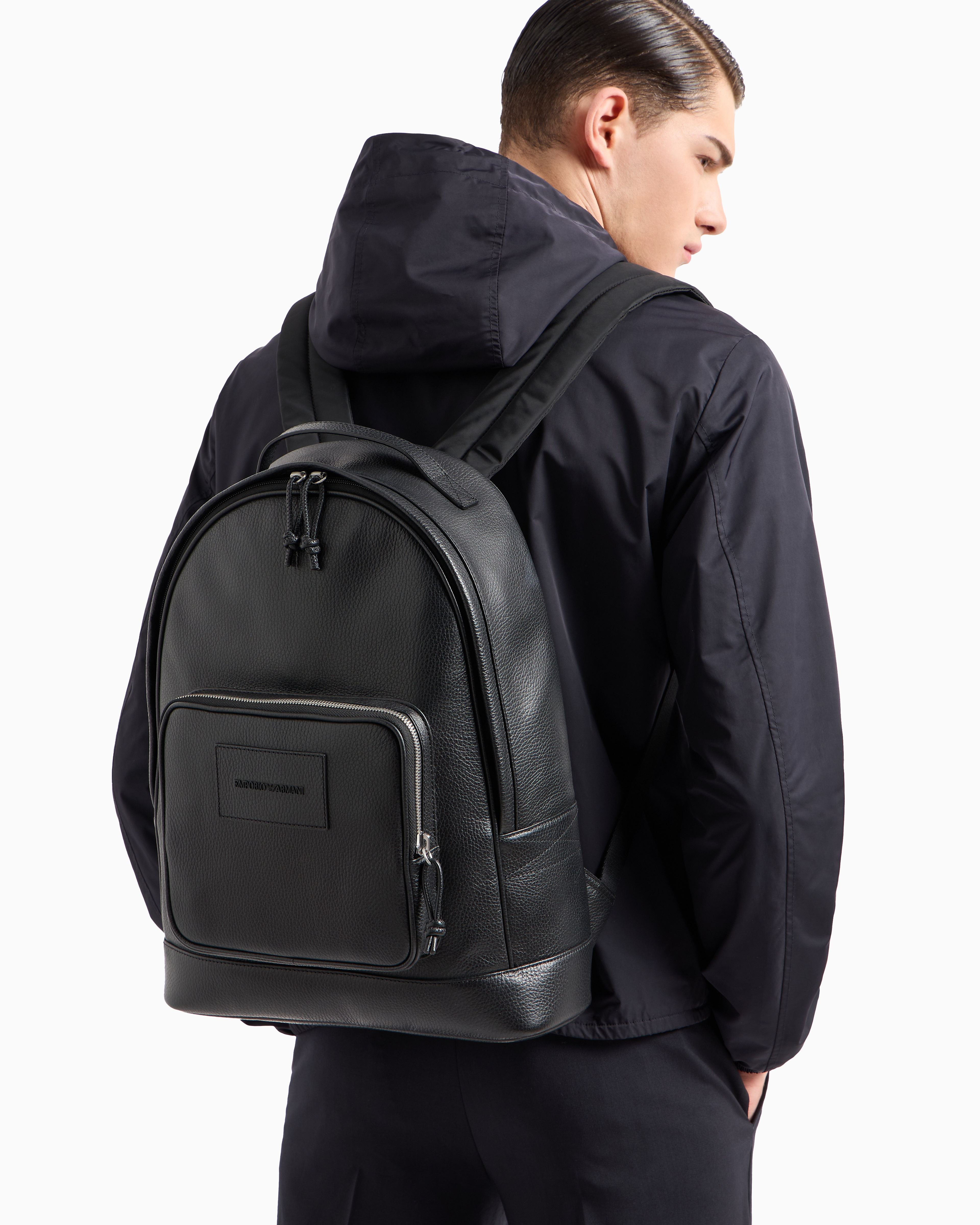 Emporio Armani - Rounded backpack in tumbled leather, Man, Black, Size: TU