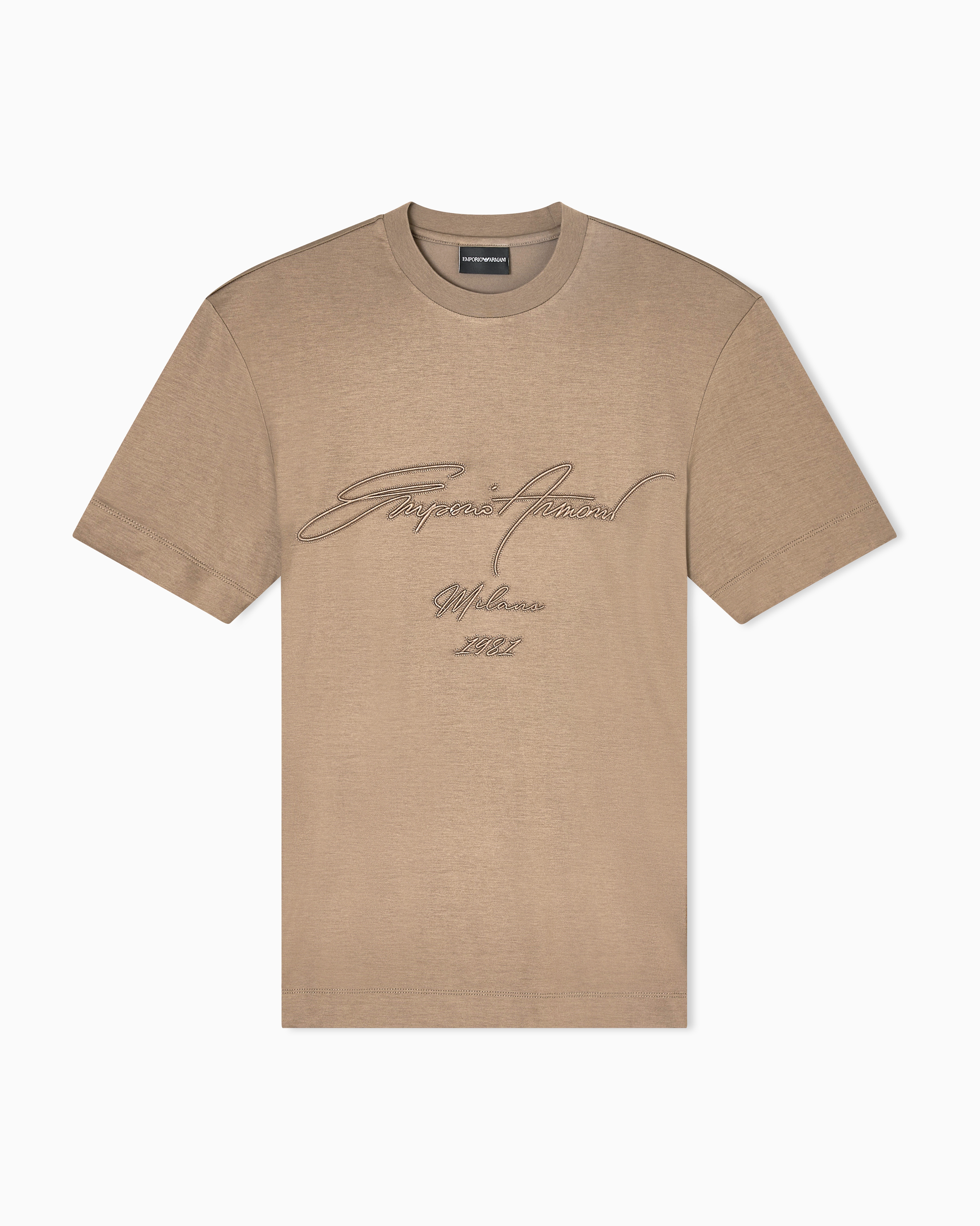 Emporio Armani - ASV Lyocell-blend jersey T-shirt with oversized embroidery, Man, Beige, Size: