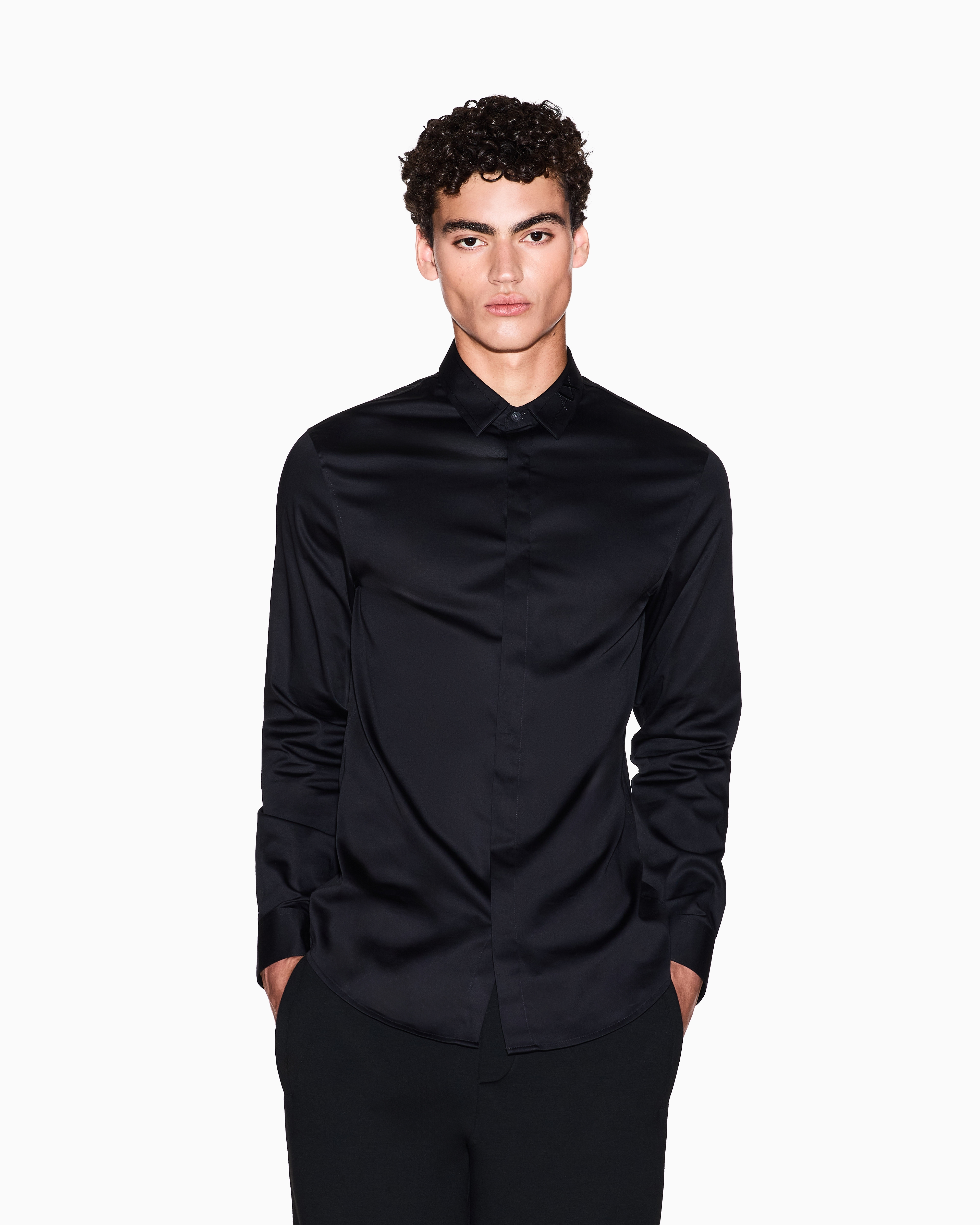Armani Exchange - Black long-sleeved stretch cotton shirt, Man, Black, Size: