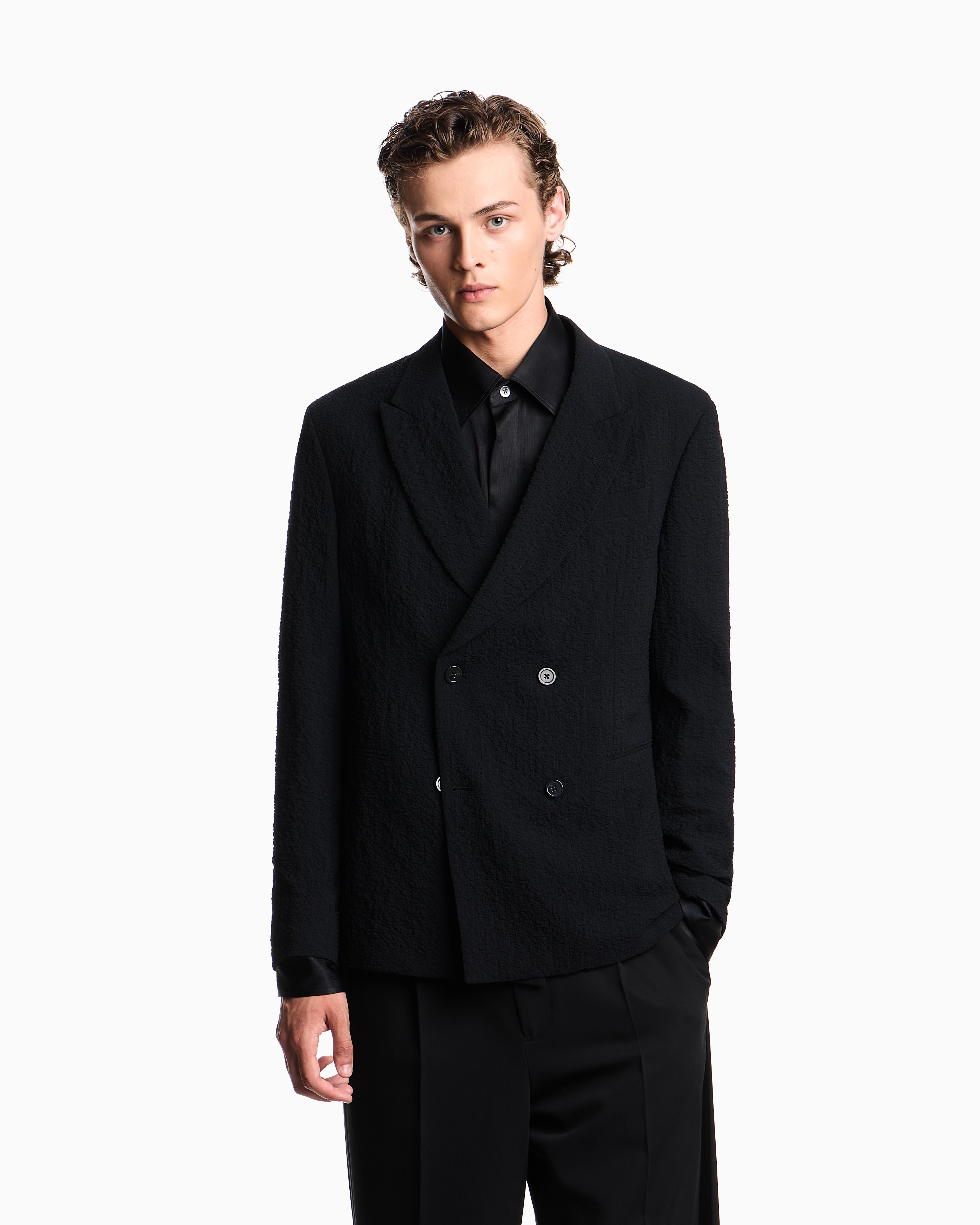 【美品】 EMPORIO ARMANI シアサッカー ジャケット ダブルブレストジャケット テクニカルシアサッカーファブリック