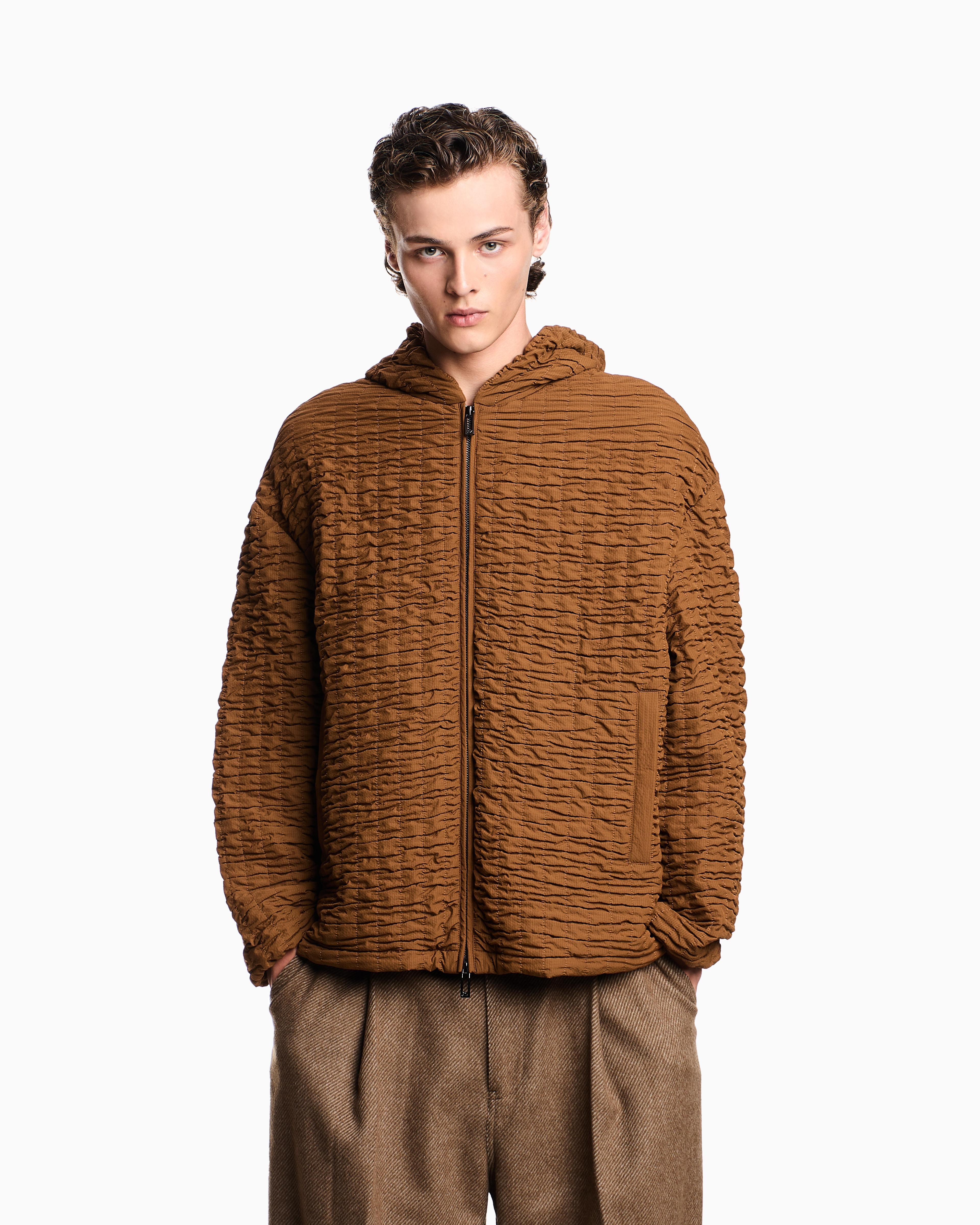 Emporio Armani - Embossed nylon hooded blouson, Man, Brown, Size: