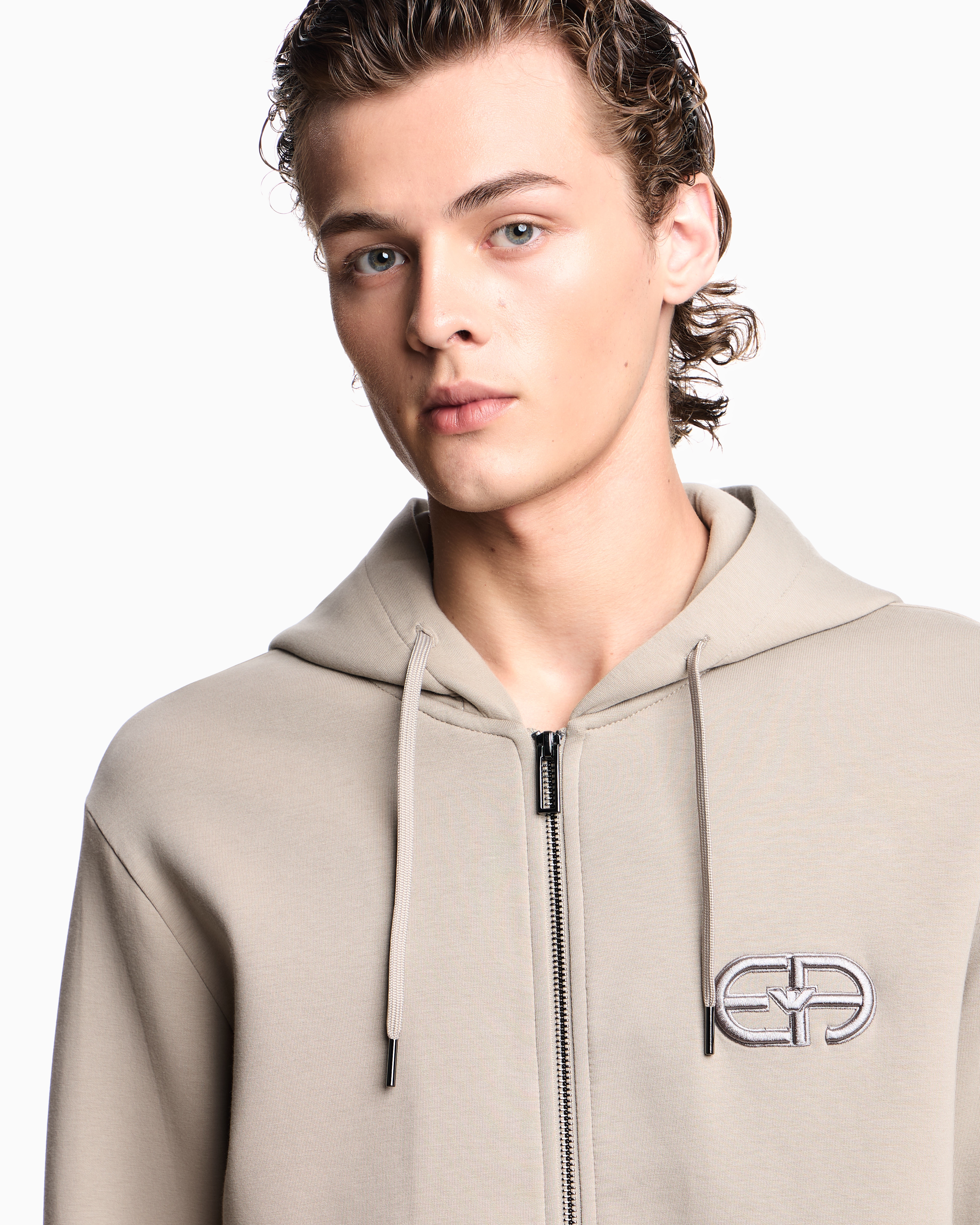 EMPORIO ARMANI ダブルジップ　モヘア　フーディー　アルマーニ EMPORIO ARMANI (エンポリオアルマーニ) 肩ラインロゴ ポケット付き