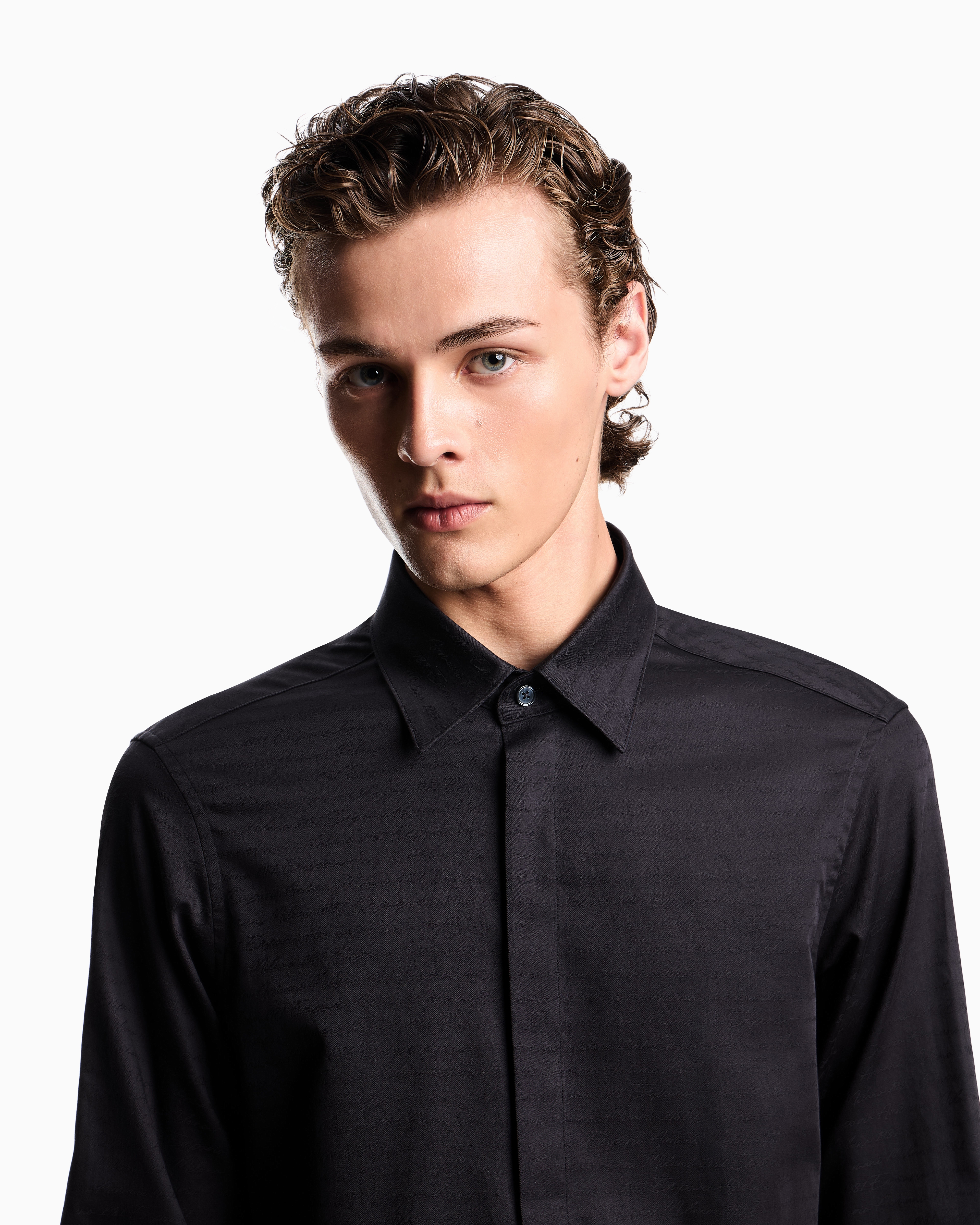 Emporio Armani - Cotton shirt with all-over jacquard logo, Man, Black, Size: