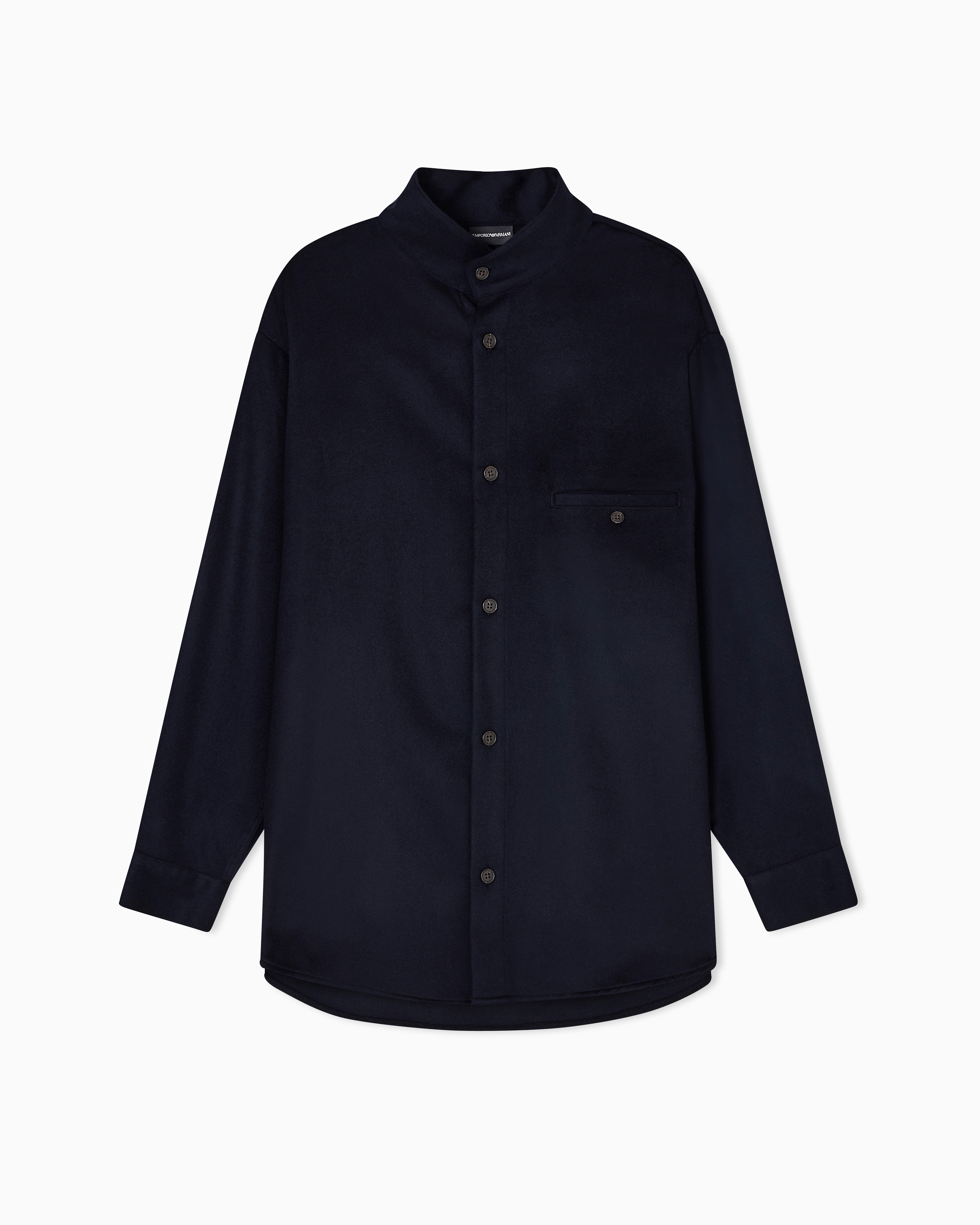 Emporio Armani - Virgin-wool oversized shirt with a guru collar , Man, Navy Blue, Size: