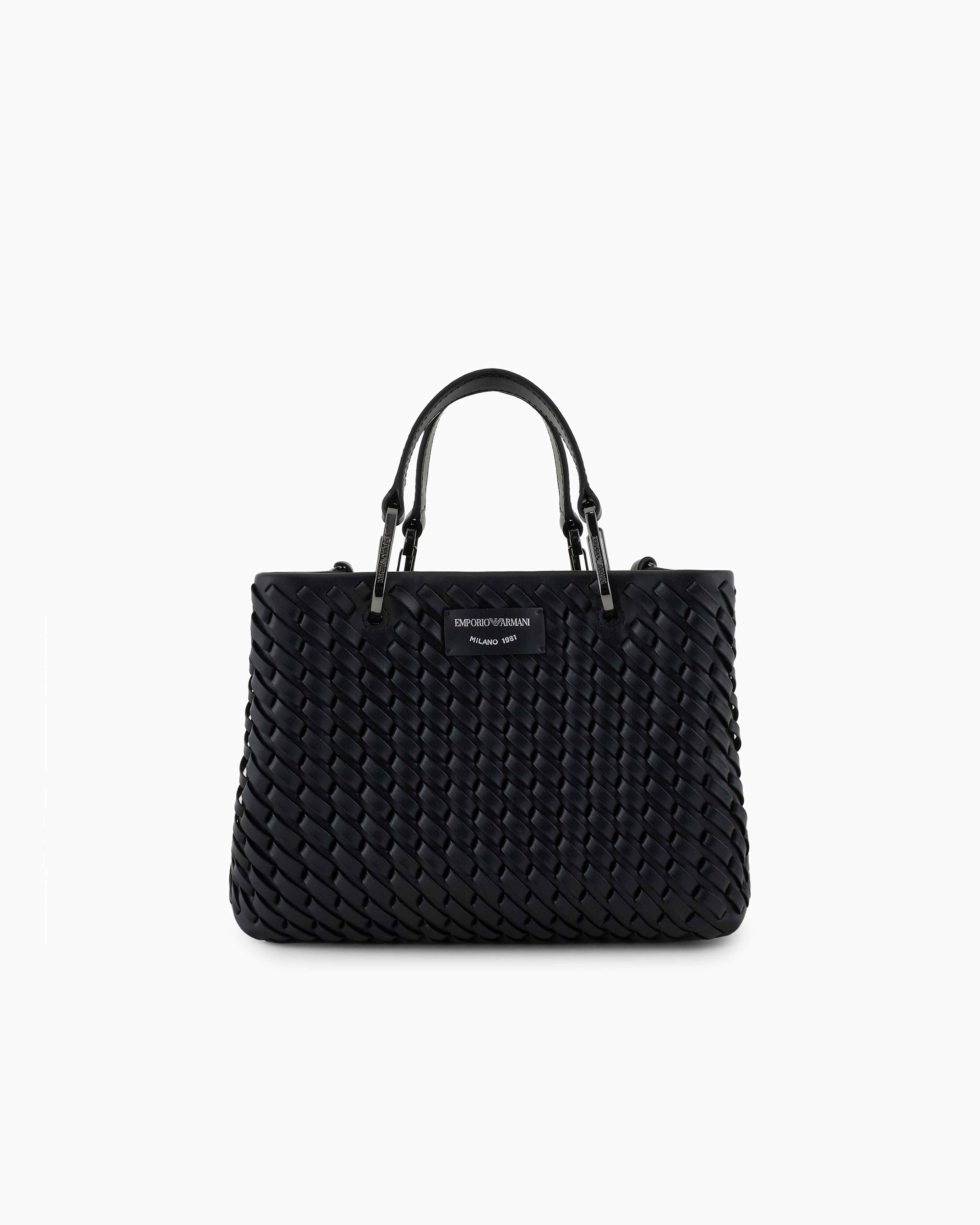 Emporio Armani Black Myea Small Shopper Bag In Interwoven Leather