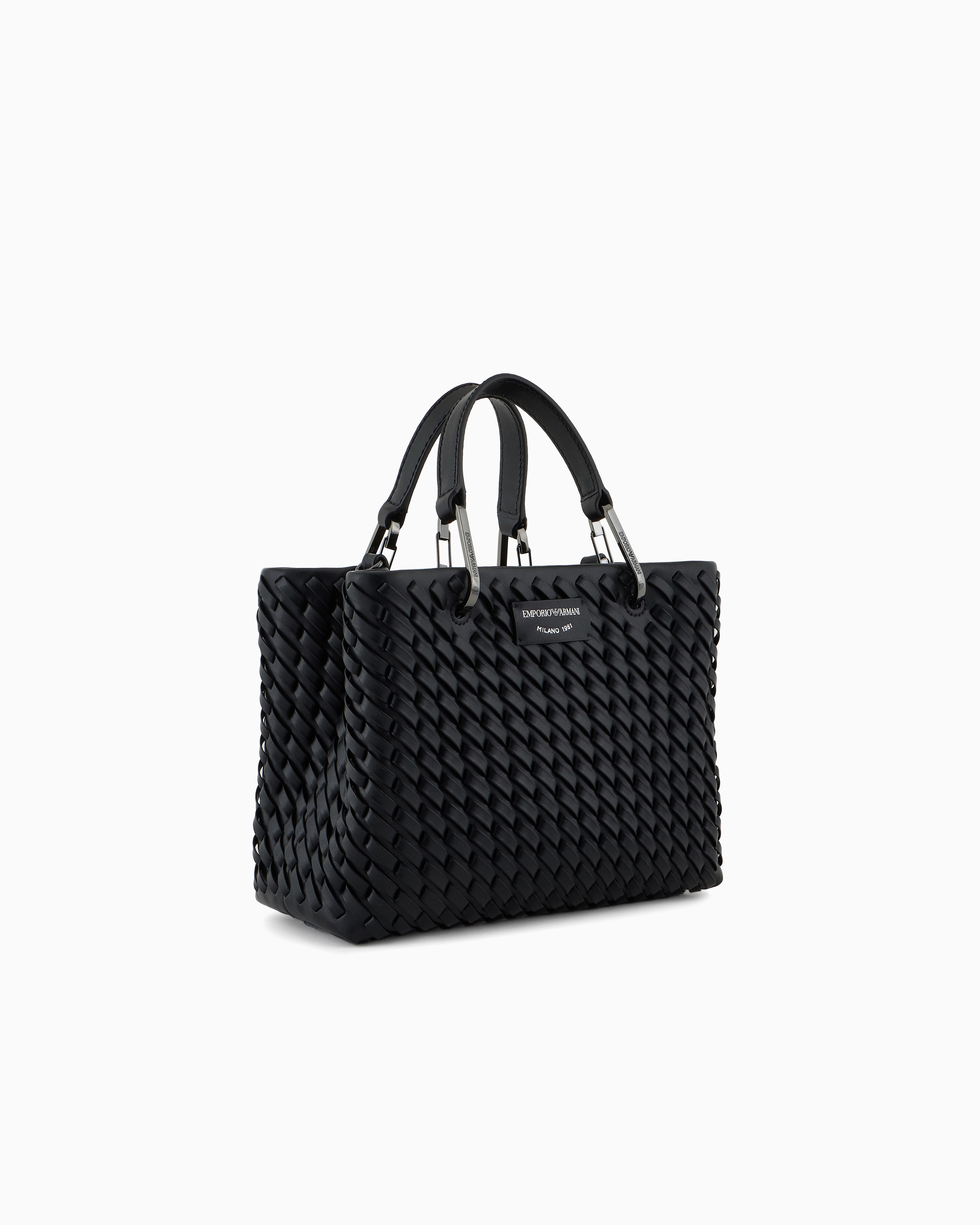 Emporio Armani - MyEA small shopper bag in interwoven leather, Woman, Black, Size: TU