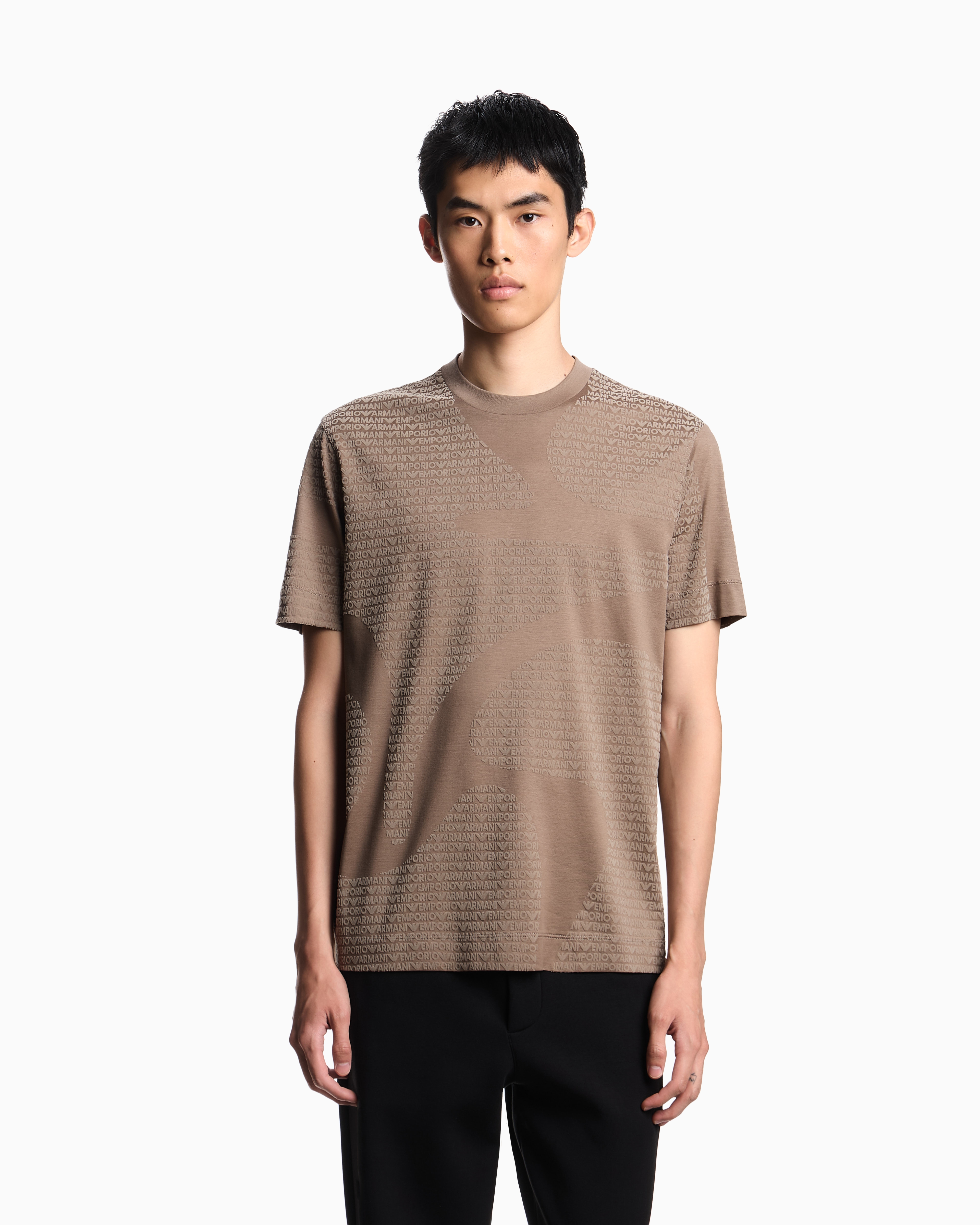 Emporio Armani - ASV Lyocell-blend jersey T-shirt with all-over flocked logo, Man, Brown, Size: