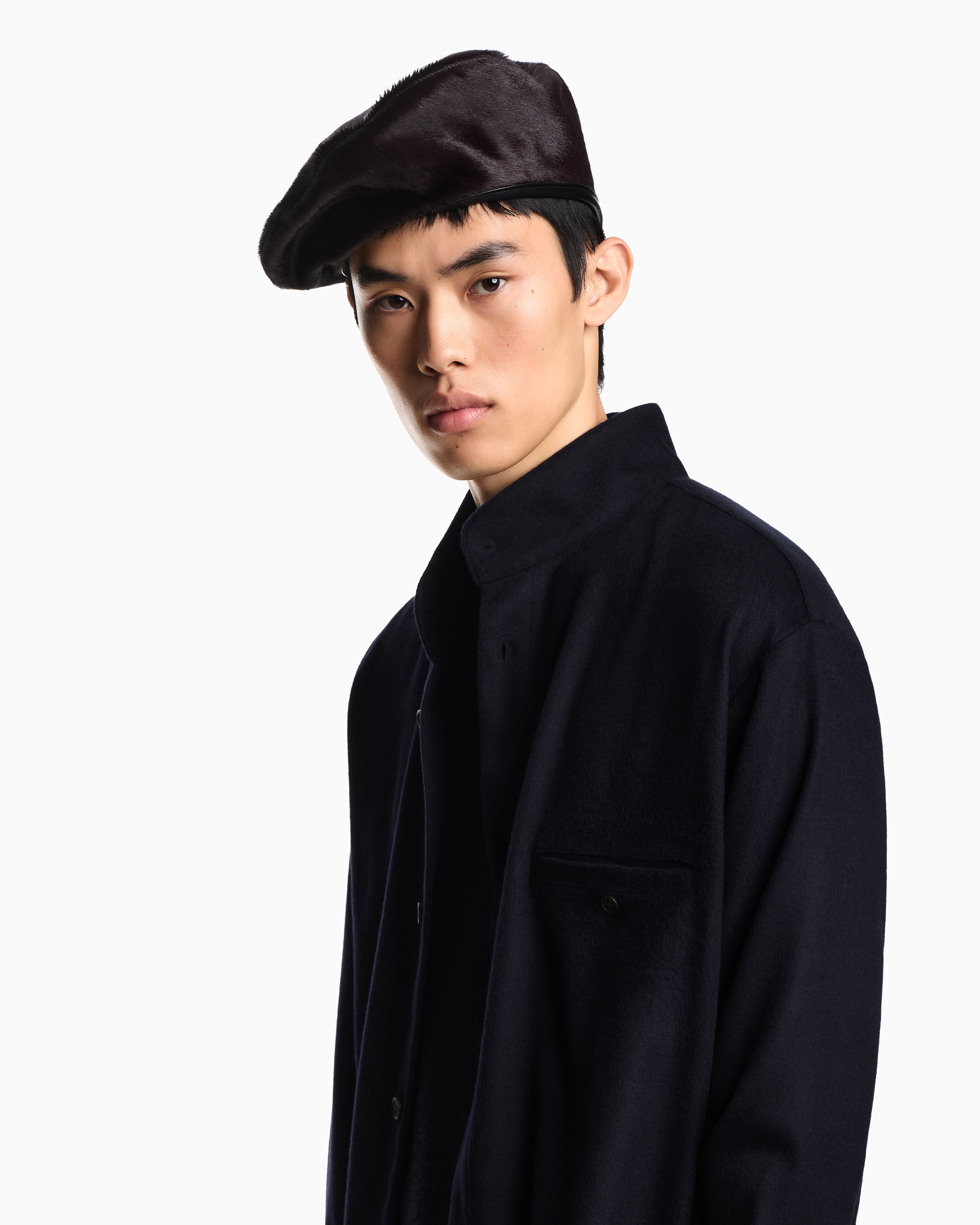 Emporio Armani - Virgin-wool oversized shirt with a guru collar , Man, Navy Blue, Size: