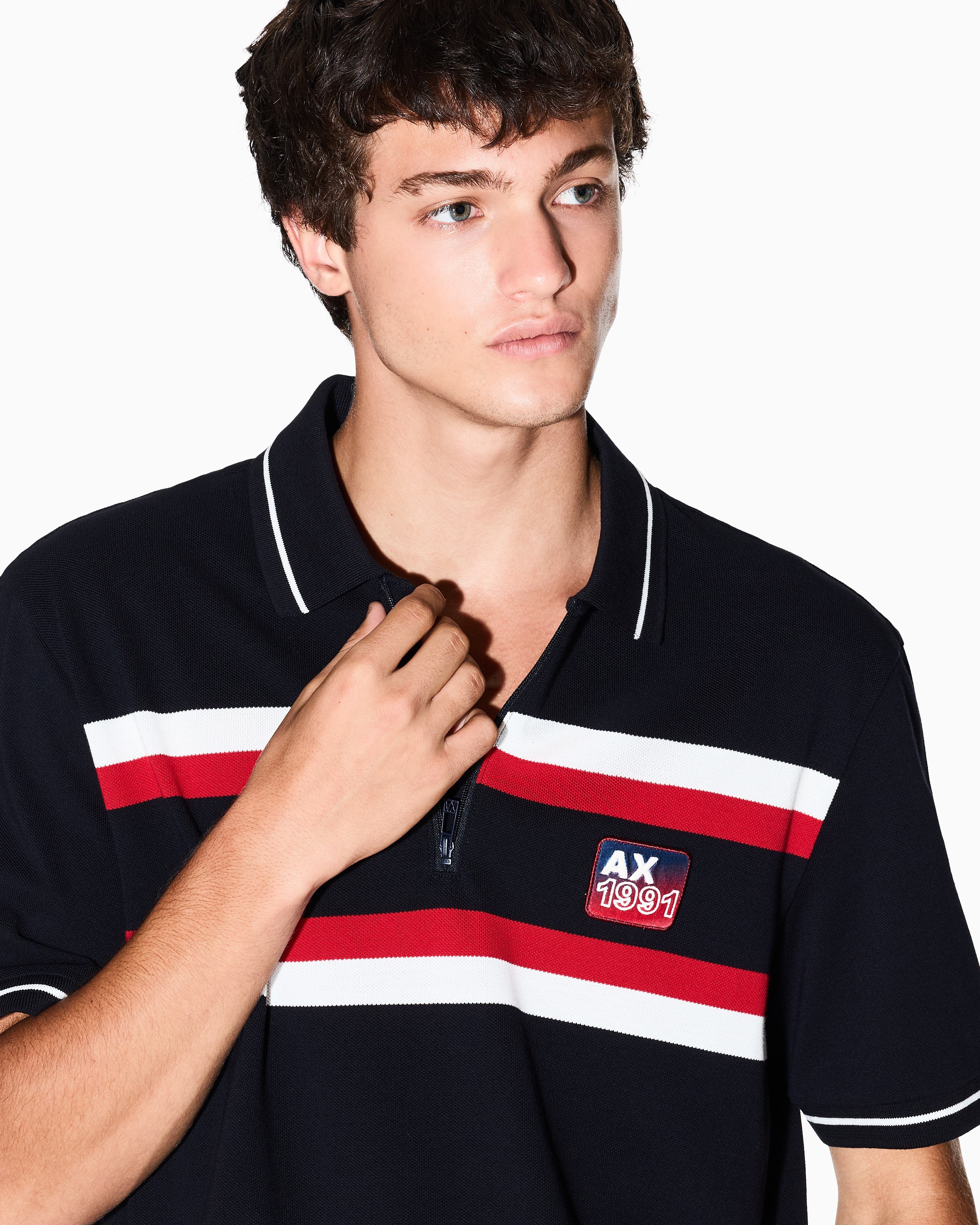 Armani Exchange - Regular fit polo shirt with zip and contrasting bands, Man, Navy_blue, Size:
