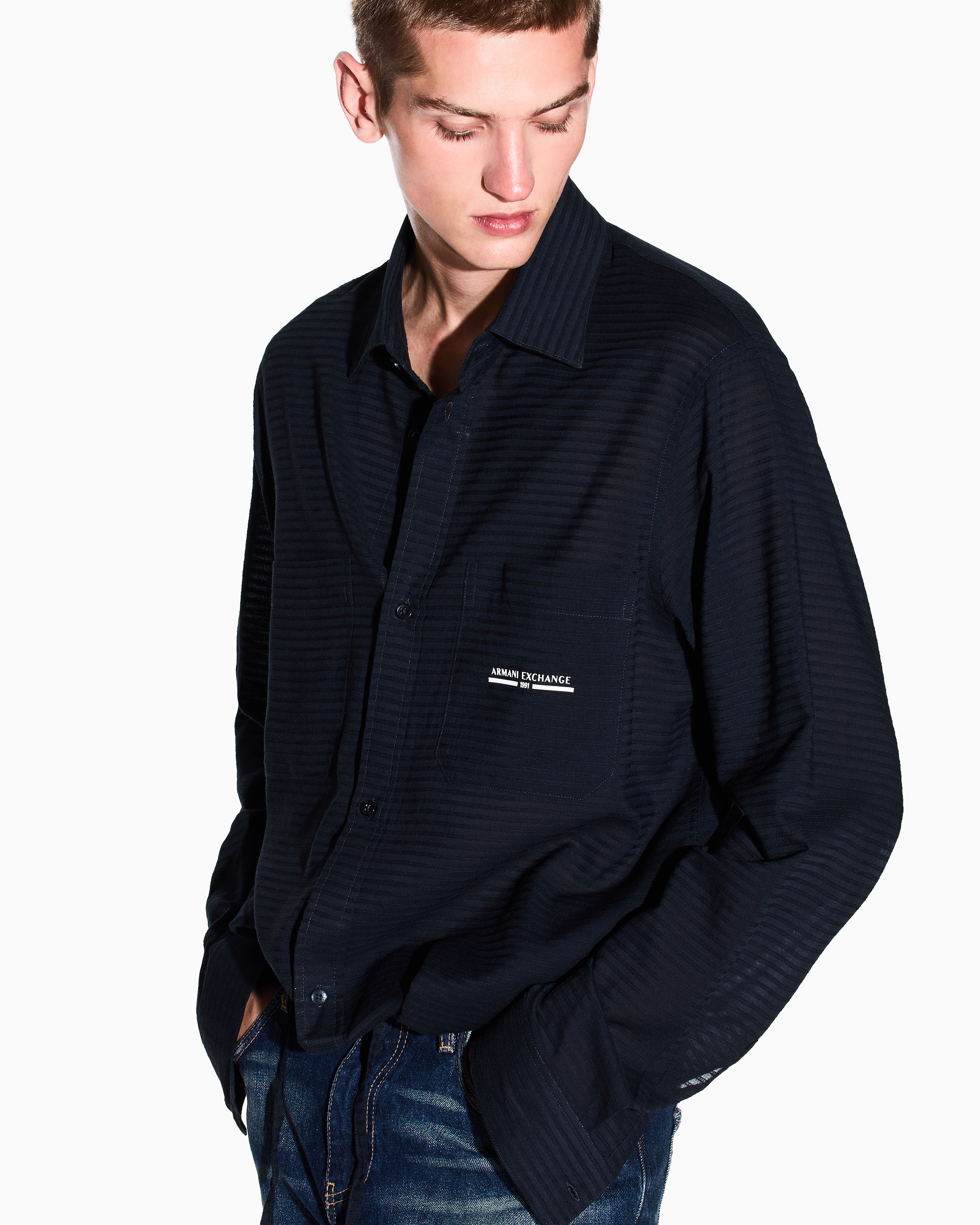 Armani Exchange - Regular fit shirt with logo, Man, Navy Blue, Size: