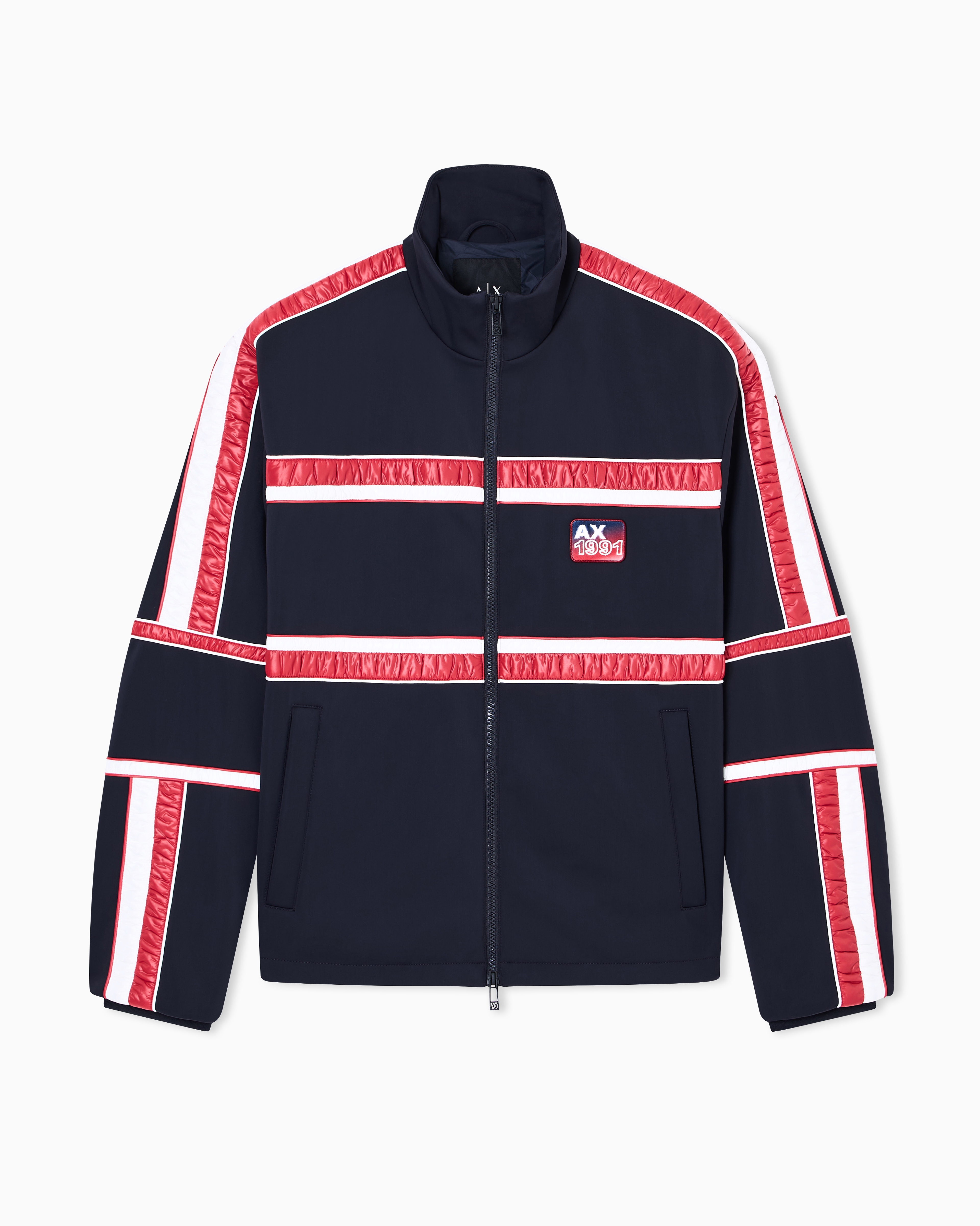 Armani Exchange Blue Bomber Jacket With Contrasting Stripes