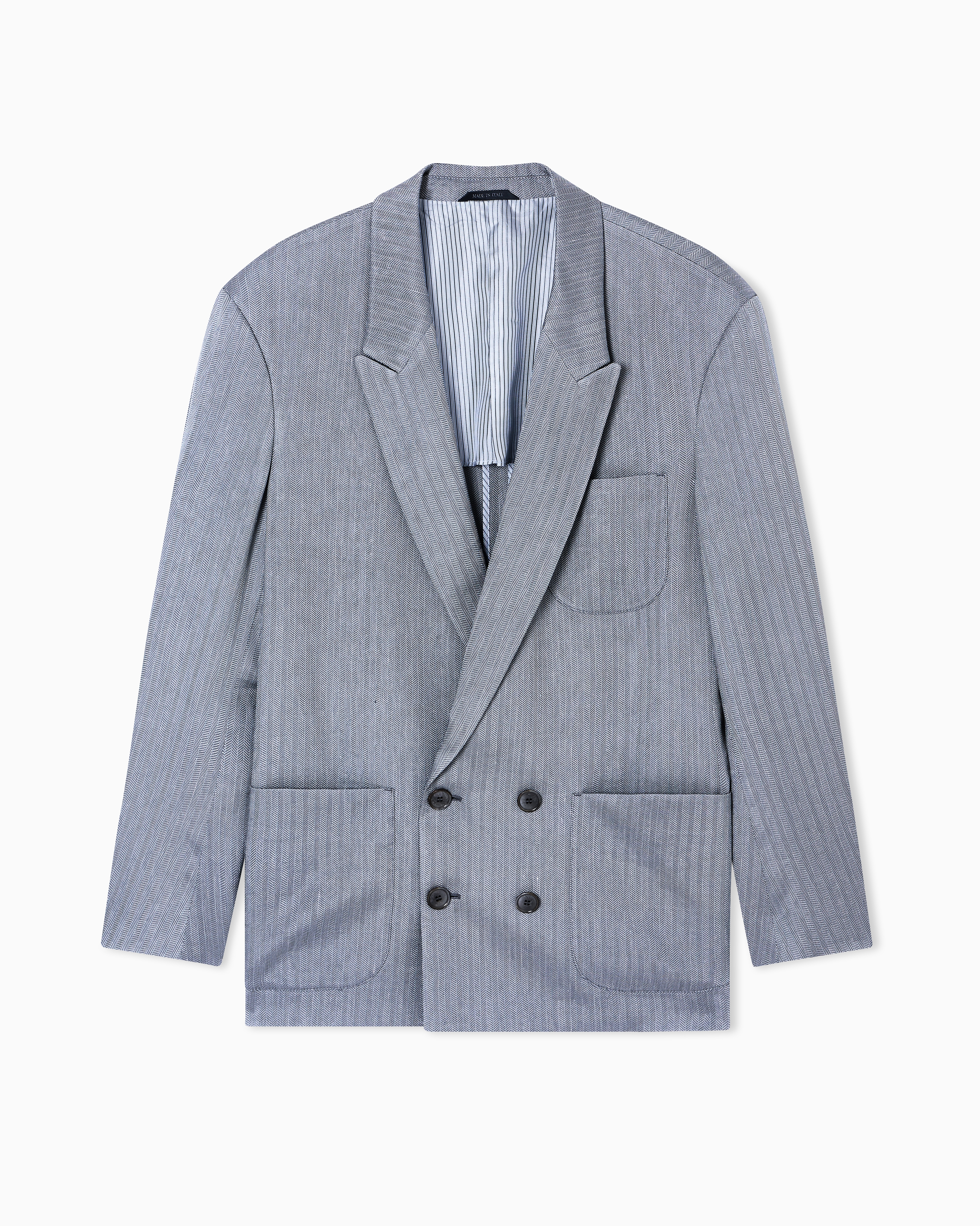 Giorgio Armani Grey Double-Breasted Jacket In A Viscose, Linen And Silk Chevron