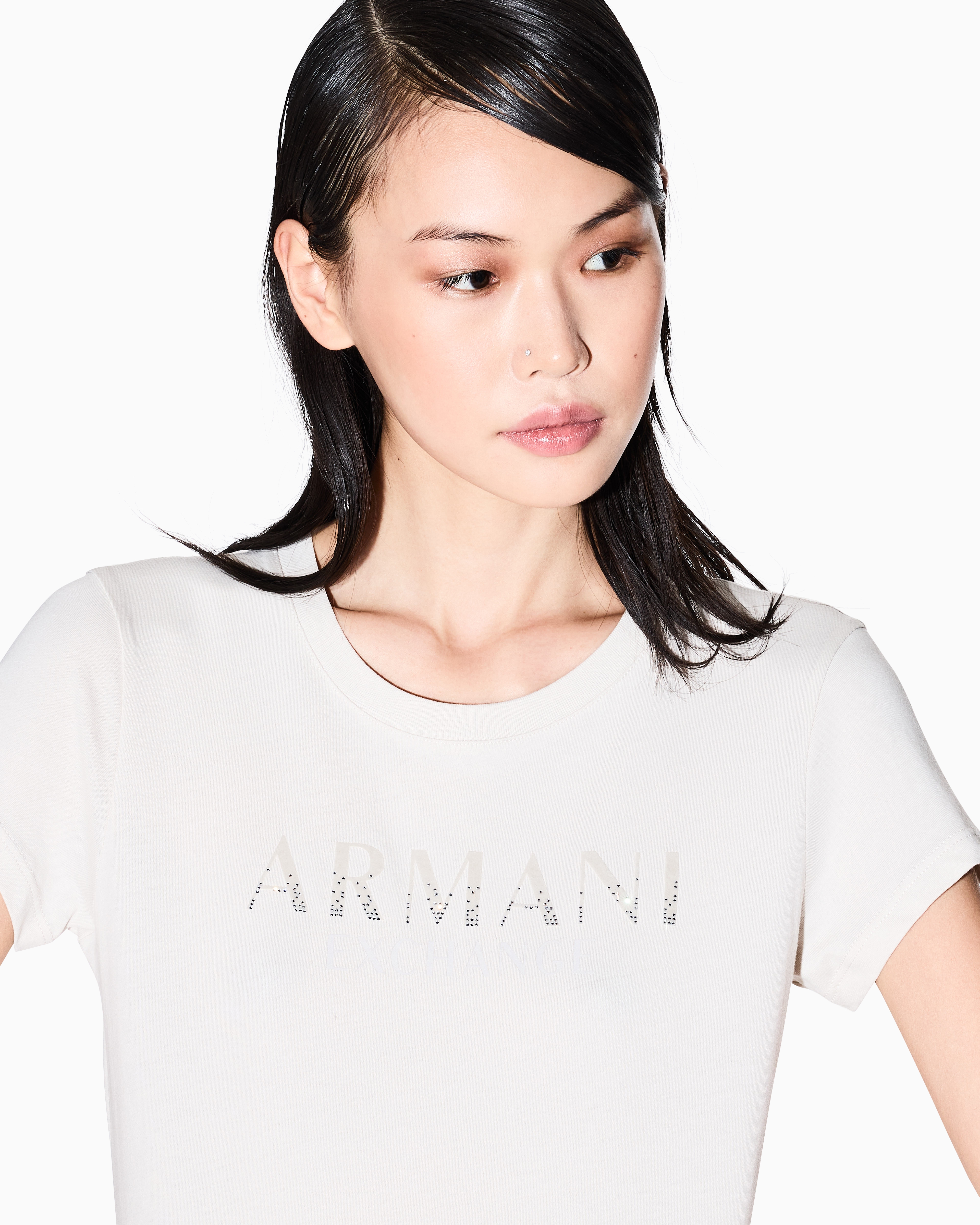 Armani Exchange - Stretch cotton T-shirt, Woman, Beige, Size: