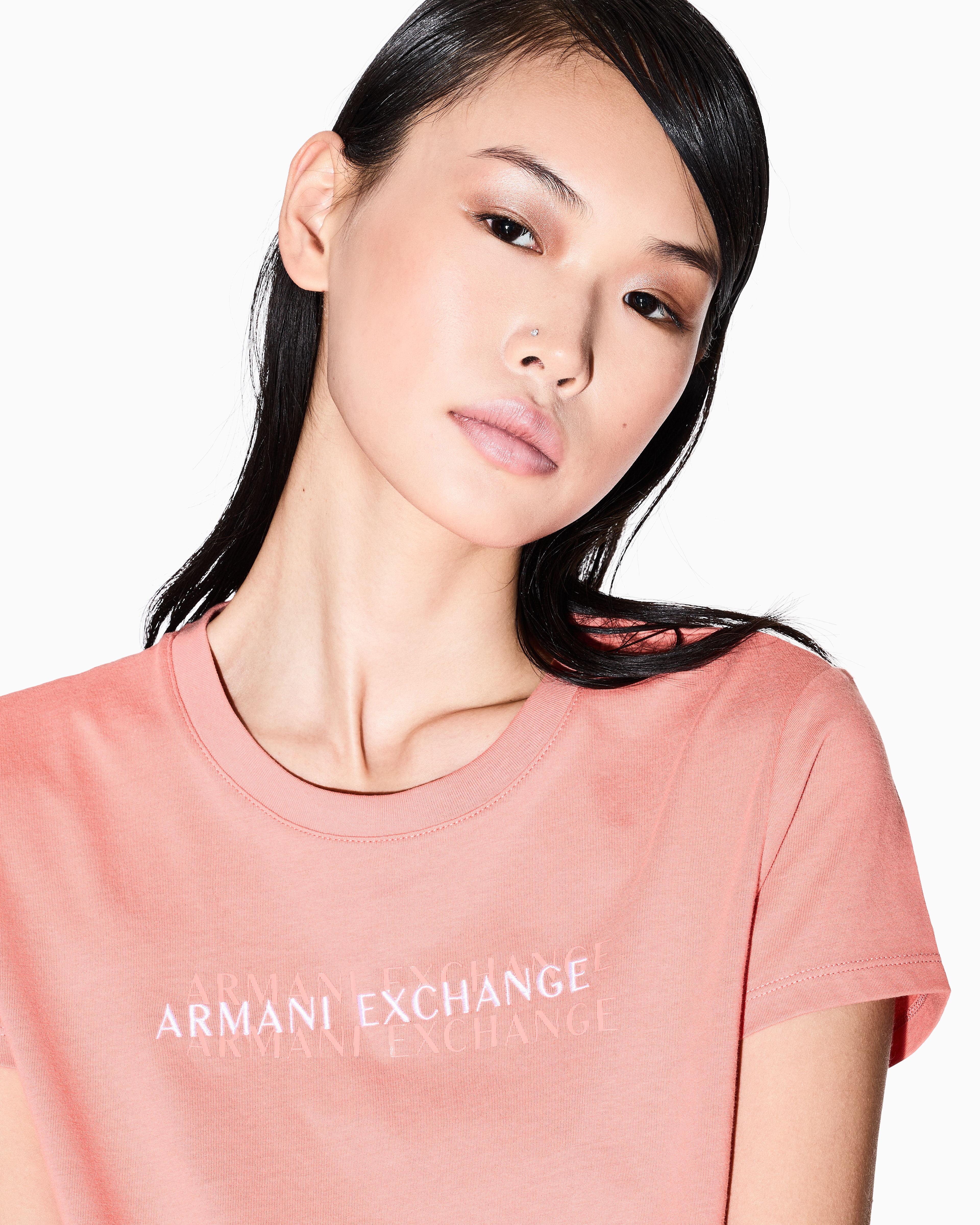 Armani Exchange - Slim fit T-shirt with logo lettering, Woman, Pink, Size: