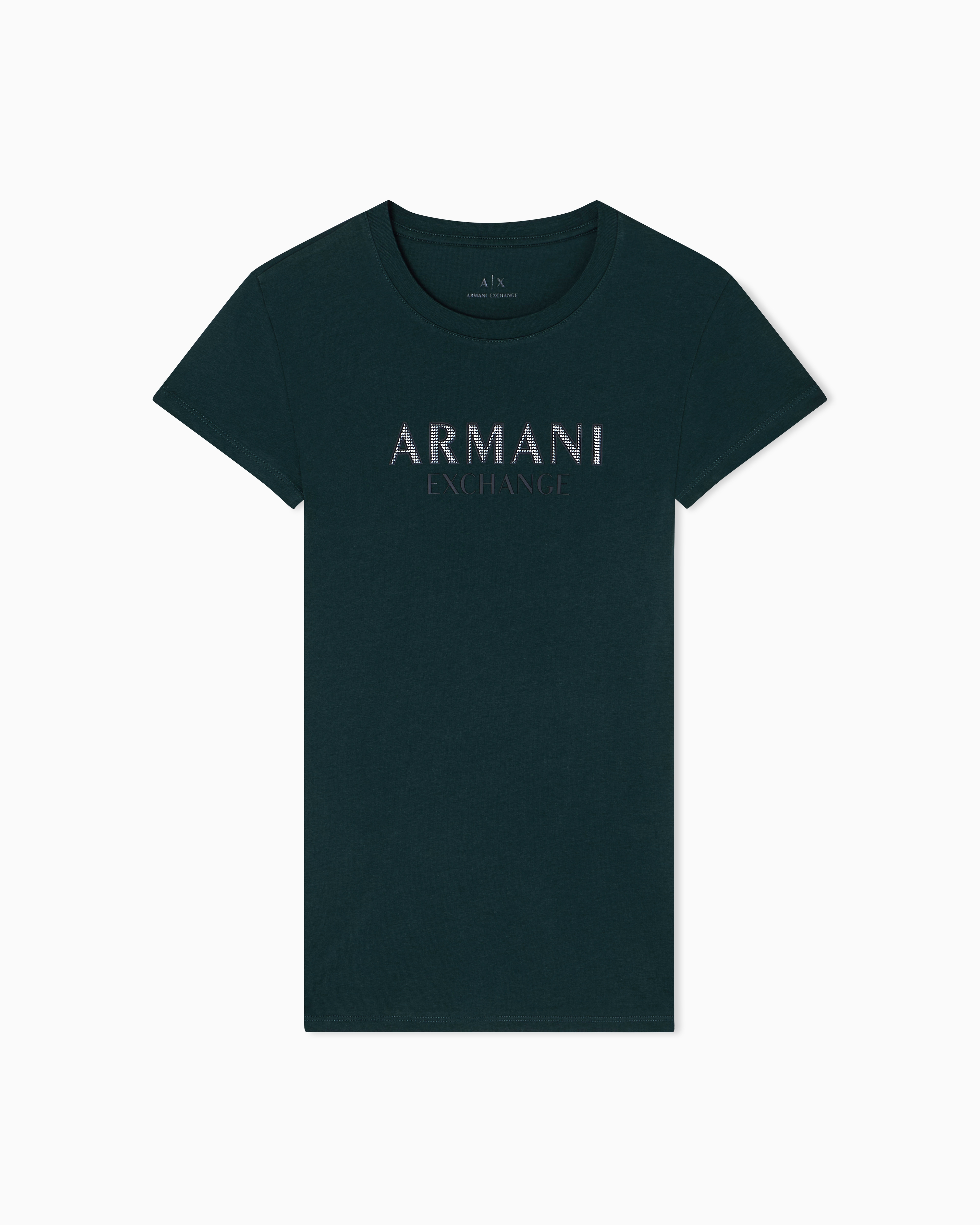 Armani Exchange - Slim fit T-shirt with logo lettering, Woman, Green, Size: