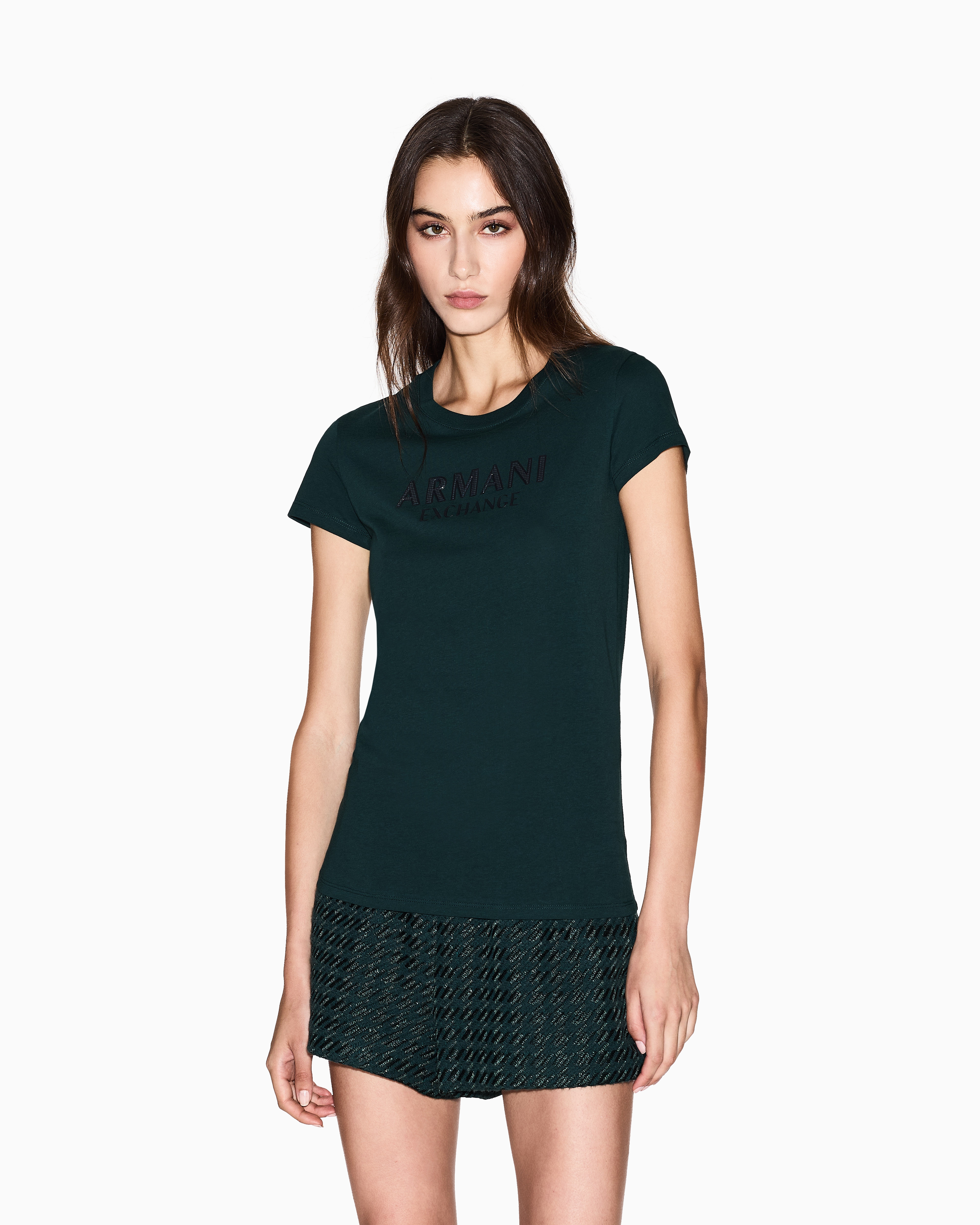 Armani Exchange - Slim fit T-shirt with logo lettering, Woman, Green, Size: