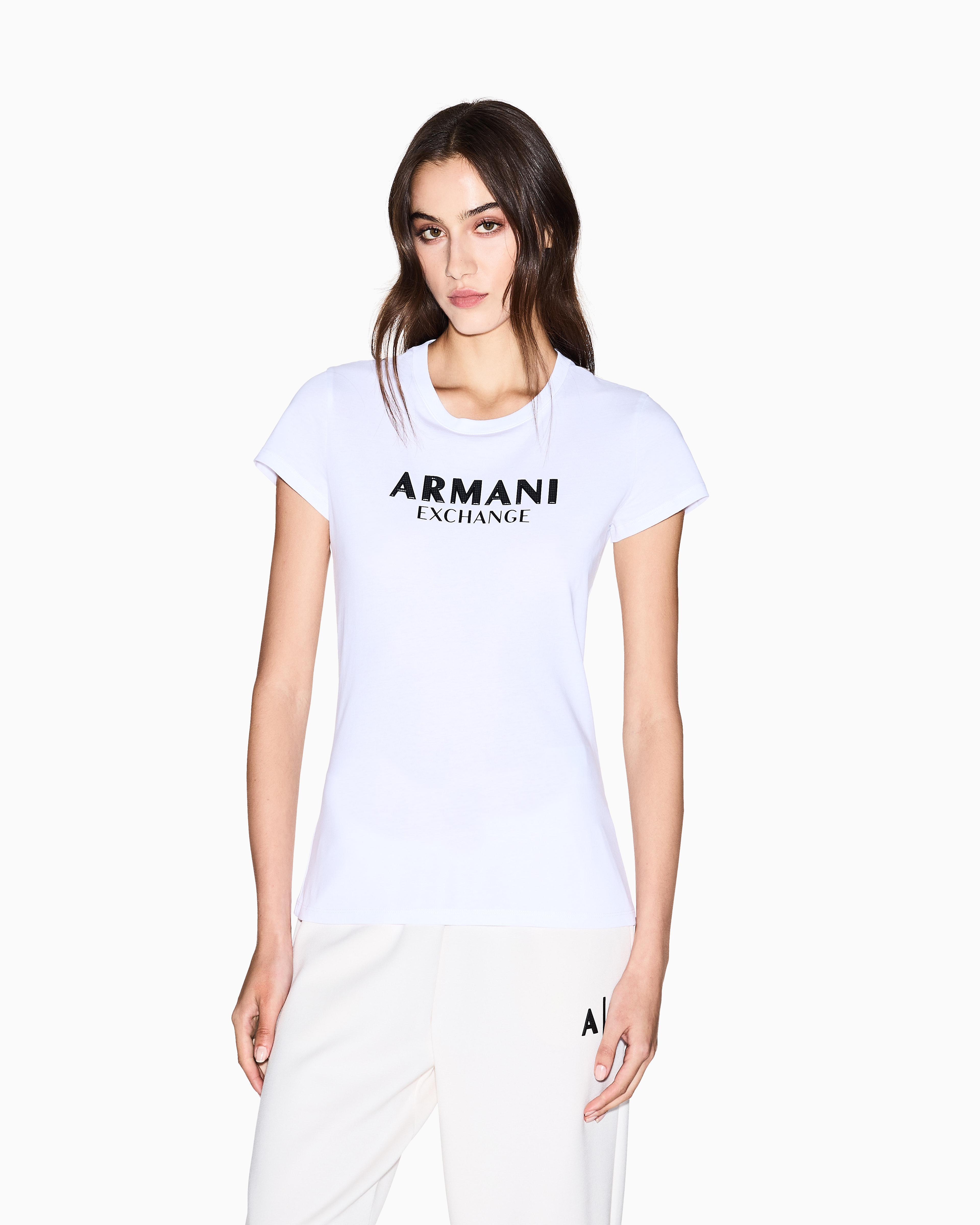 Armani Exchange - Slim fit T-shirt with logo lettering, Woman, White, Size: