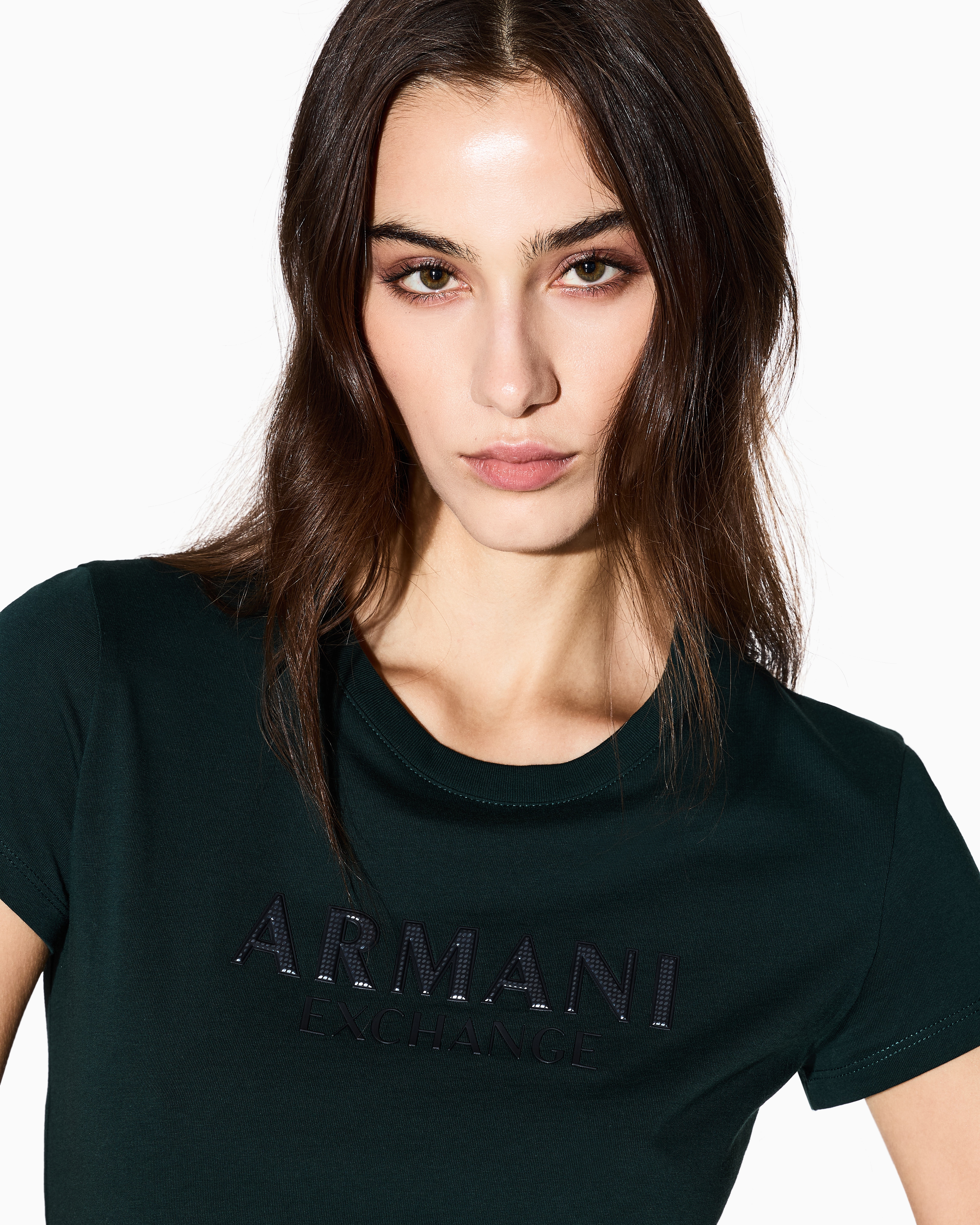 Armani Exchange - Slim fit T-shirt with logo lettering, Woman, Green, Size:
