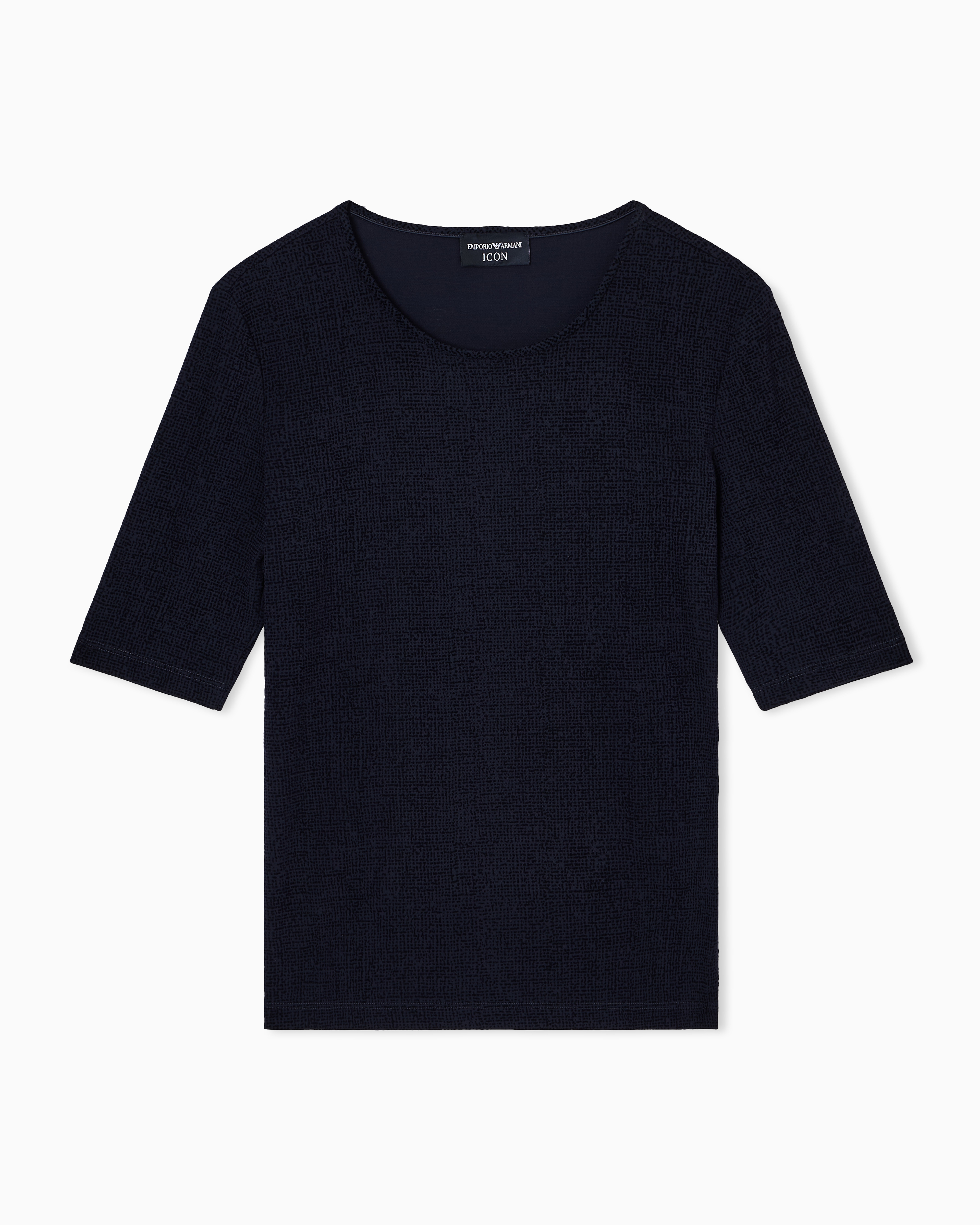 Emporio Armani - Icon crêpe-look interlock jersey T-shirt with flocked pattern, Woman, Blue, Size: