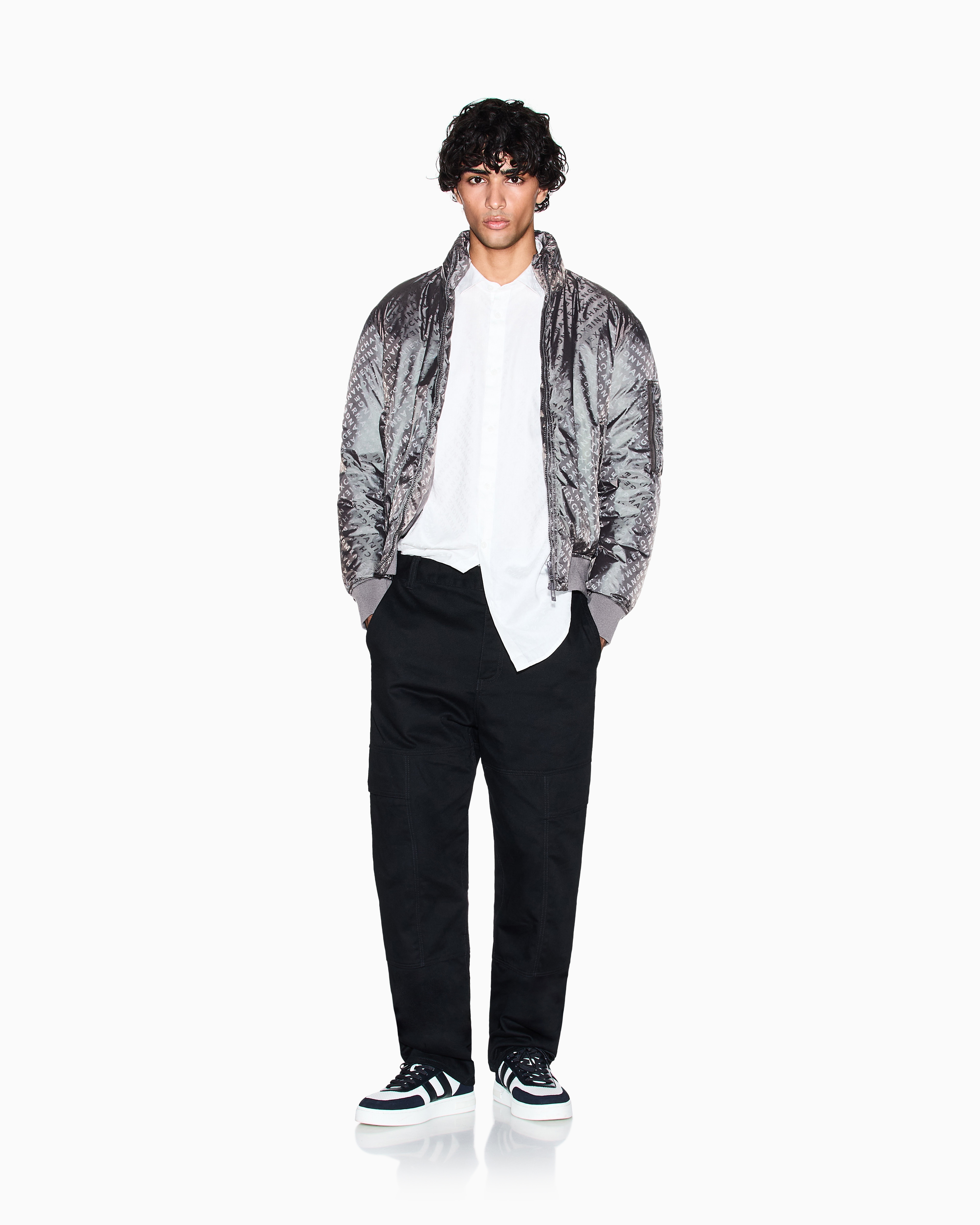 Armani Exchange - ALLOVER LOGO LETTERING BOMBER JACKET, Man, Grey, Size: