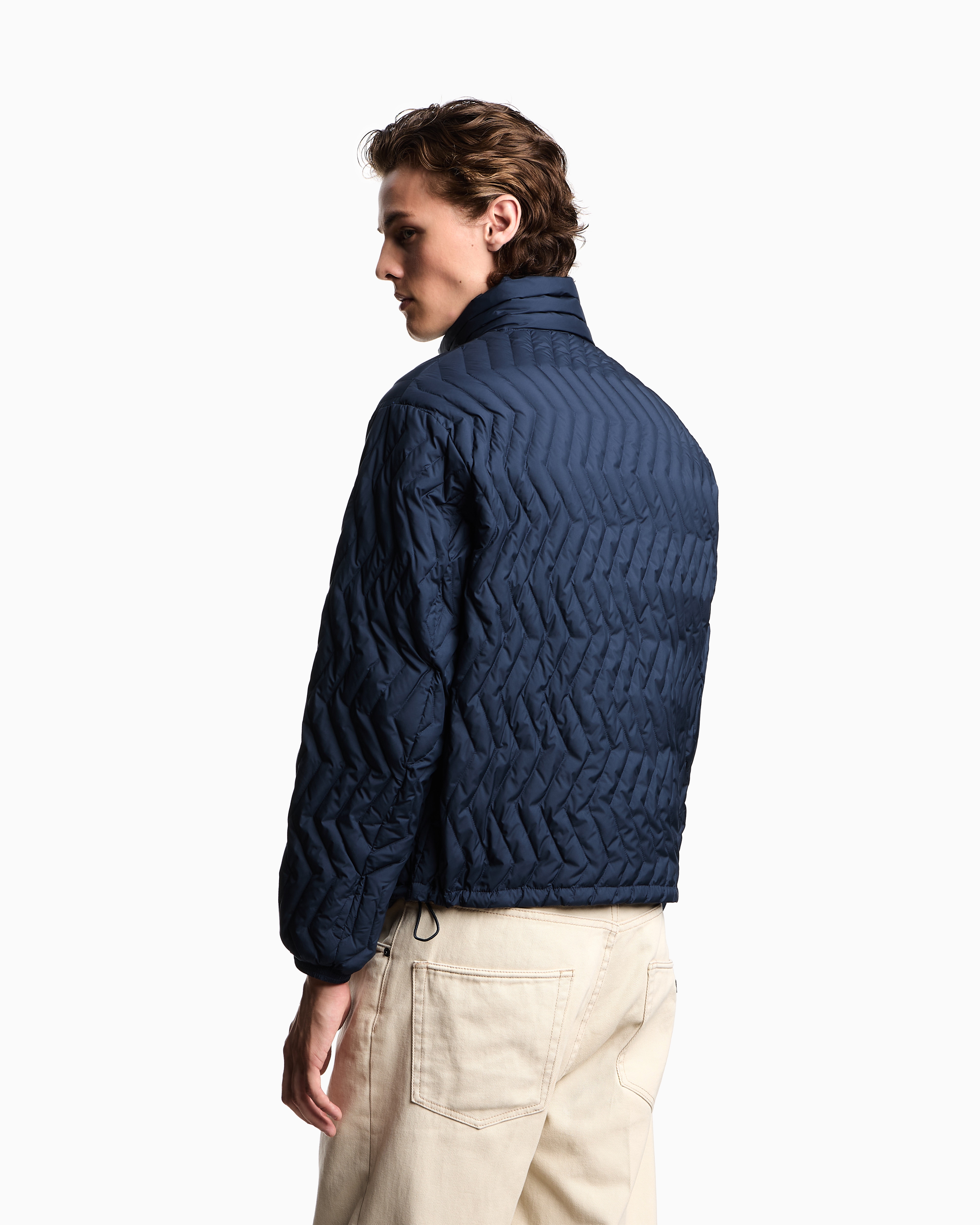 ARMANI JEANS ダークグ紺ジャケット XL Full-zip down jacket in chevron quilted ripstop nylon