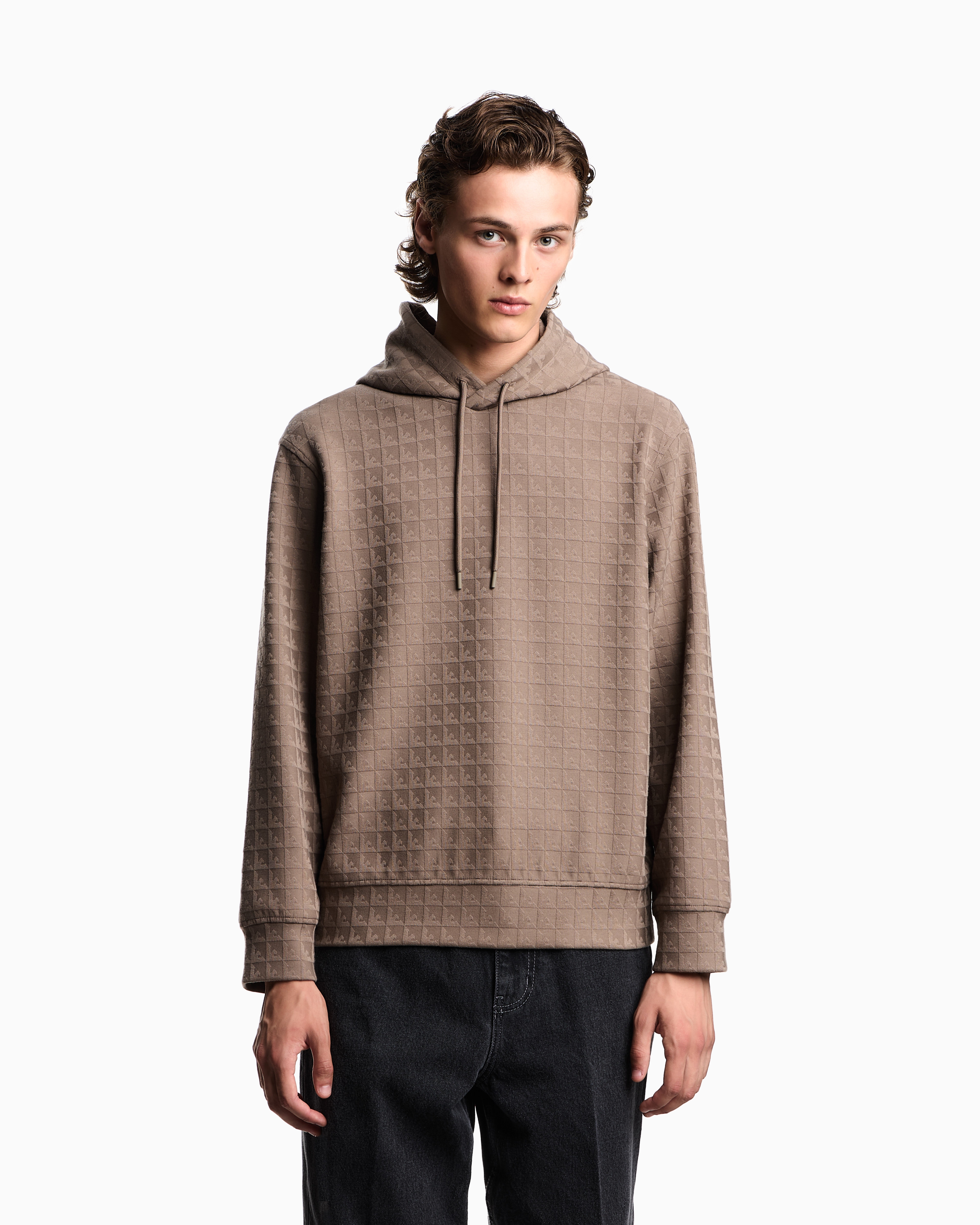 Emporio Armani - ASV Lyocell-blend jacquard jersey hooded sweatshirt with repeated eagle motif, Man, Brown, Size: