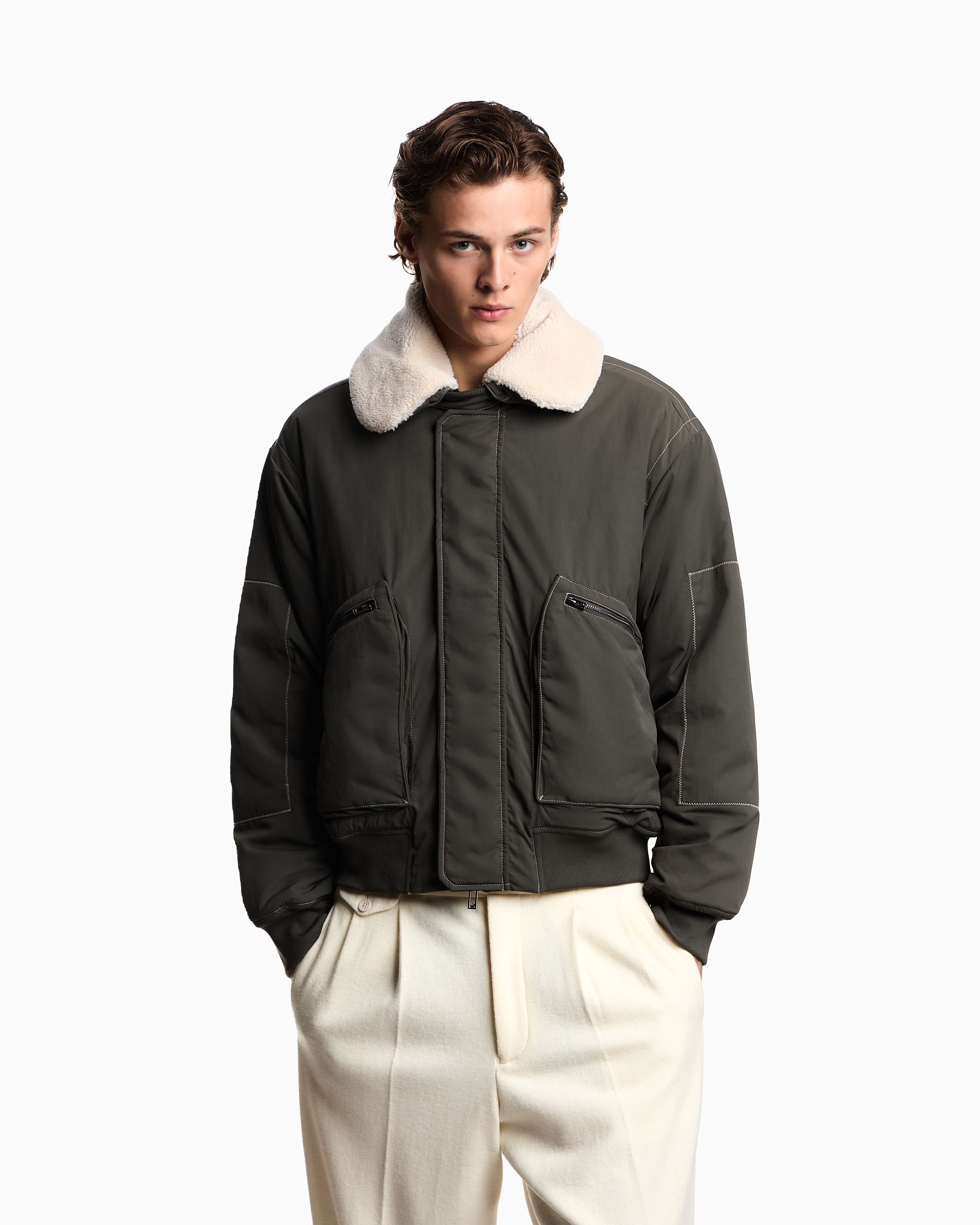 オンライン限定>ボンバージャケット ナイロンツイル シアリング風