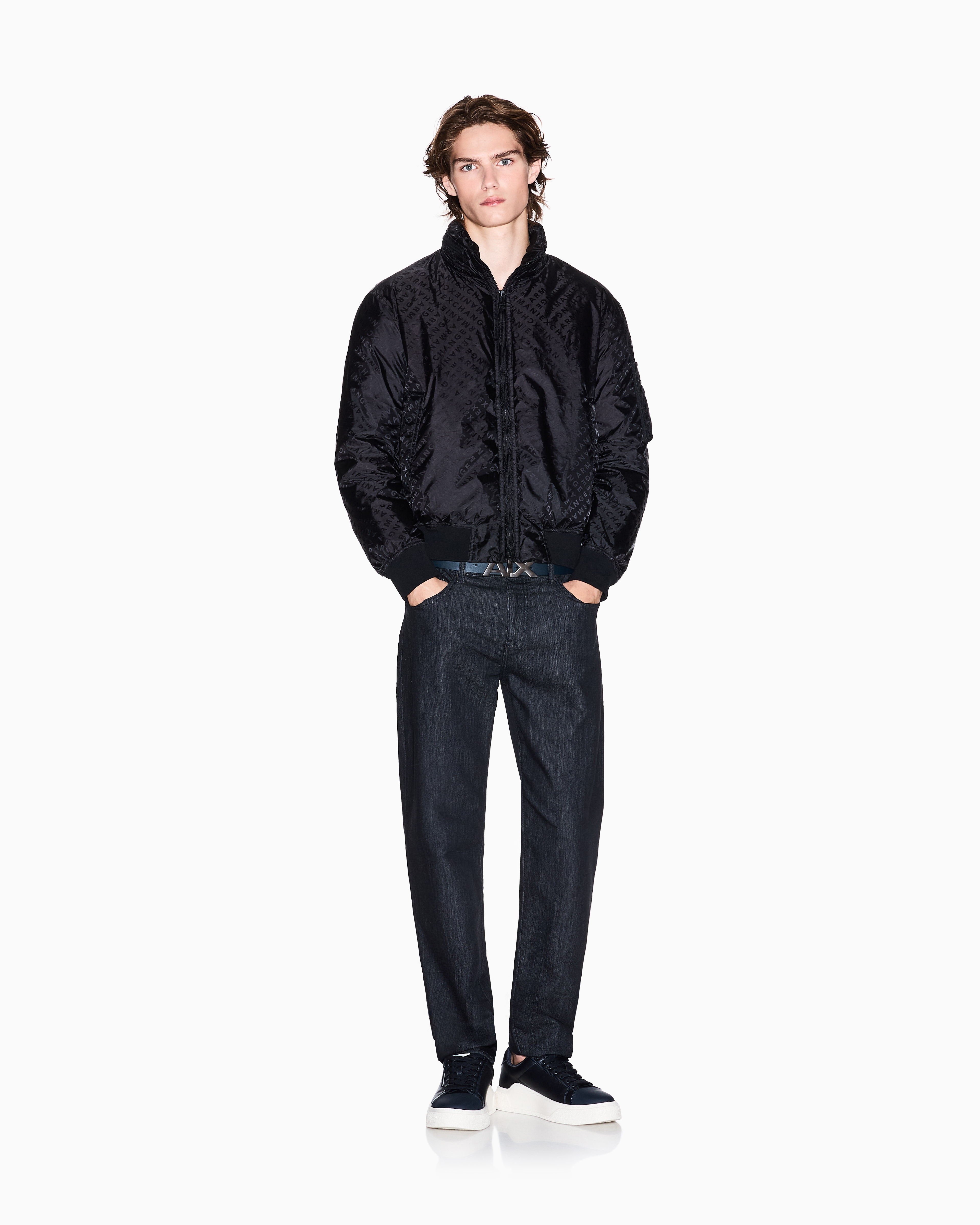 Armani Exchange - ALLOVER LOGO LETTERING BOMBER JACKET, Man, Black, Size: